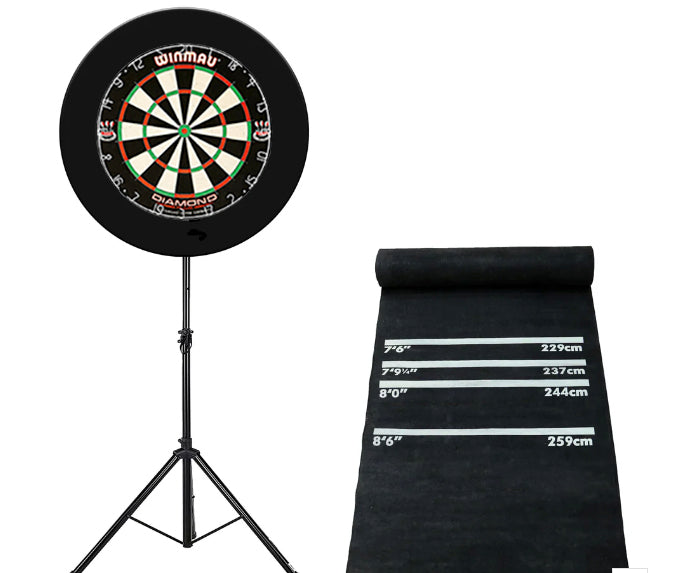 black dartboard stand and darts mat for home use