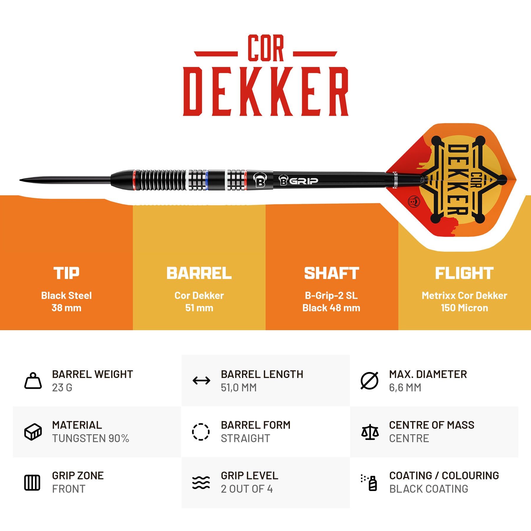 BULL'S Cor Dekker - 90% Tungsten Steel Tip Darts - 23g