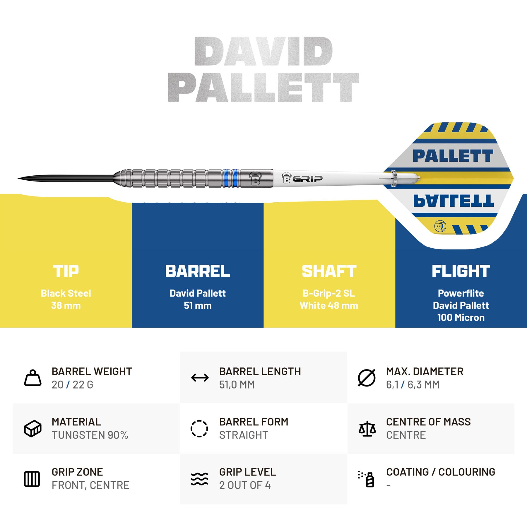 BULL'S David Pallett - 90% Tungsten Steel Tip Darts - 20g 22g