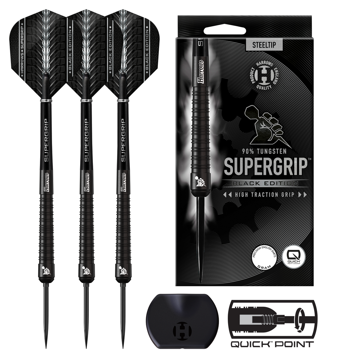 Harrows Supergrip Black Edition - 90% Tungsten Darts - Quick Point - 21g-30g
