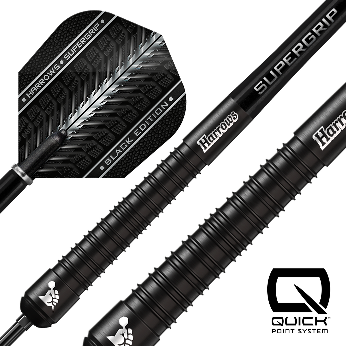 Harrows Supergrip Black Edition - 90% Tungsten Darts - Quick Point - 21g-30g