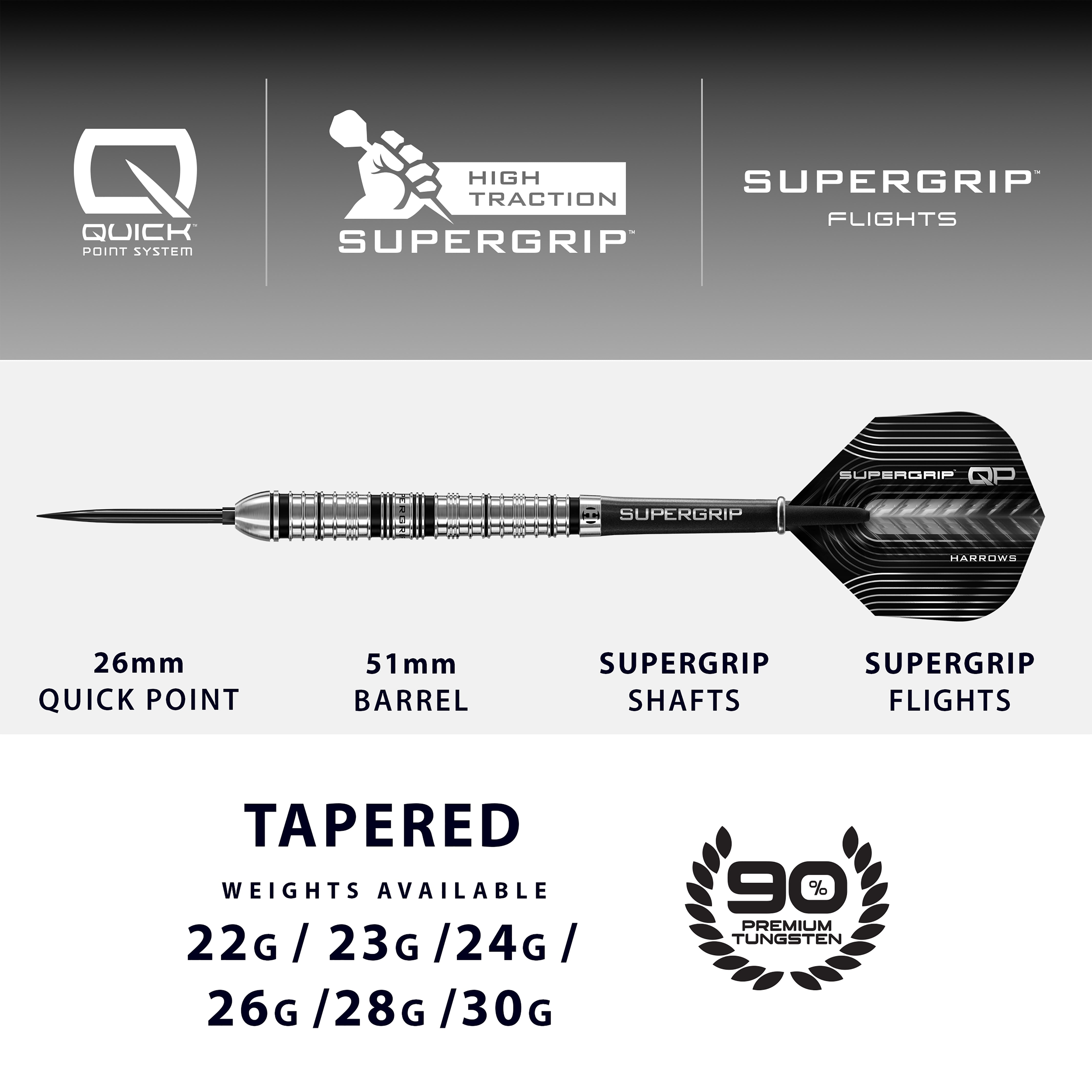 Harrows Supergrip QP Tapered - 90% Tungstens - Quick Point Darts - 22g - 30g