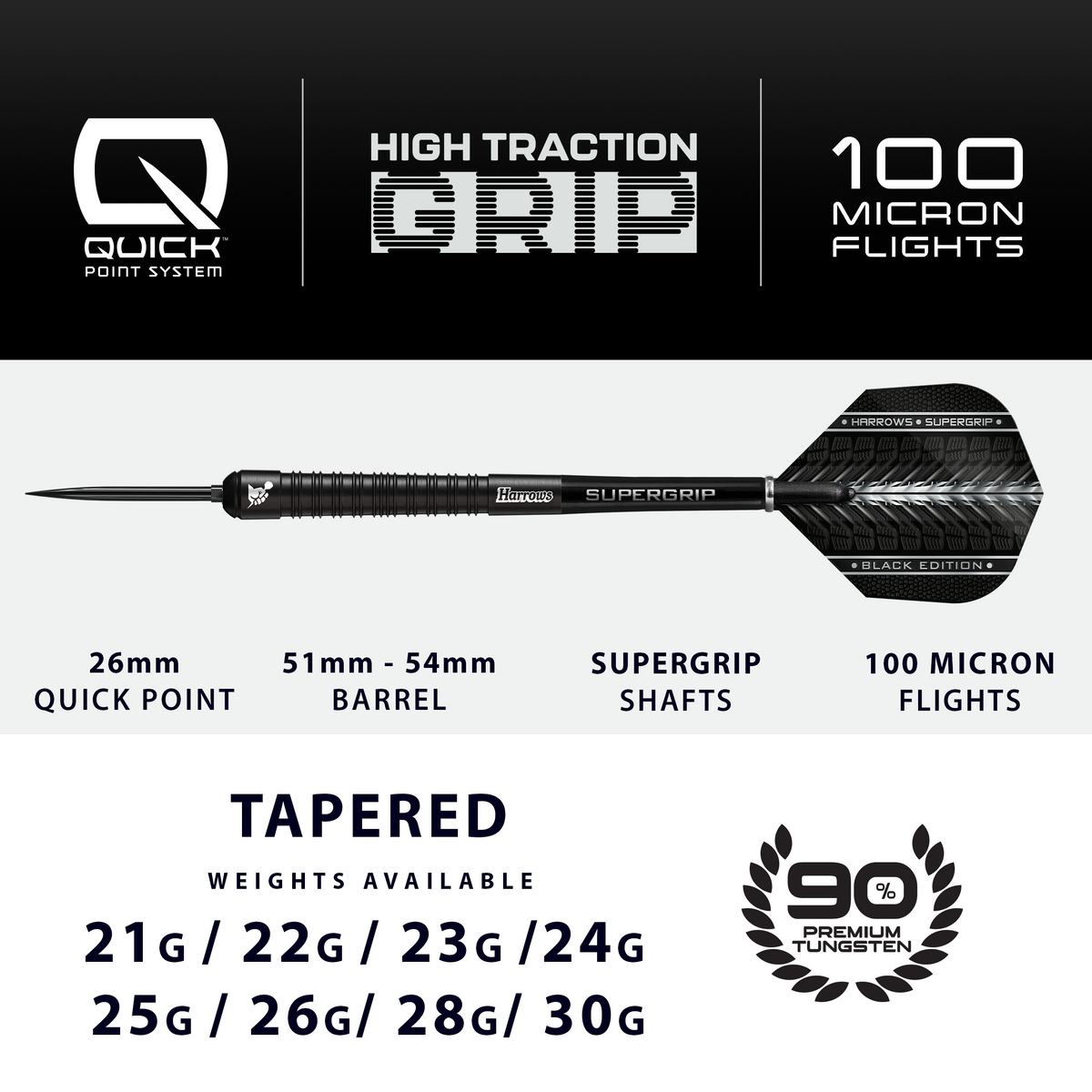 Harrows Supergrip Black Edition - 90% Tungsten Darts - Quick Point - 21g-30g