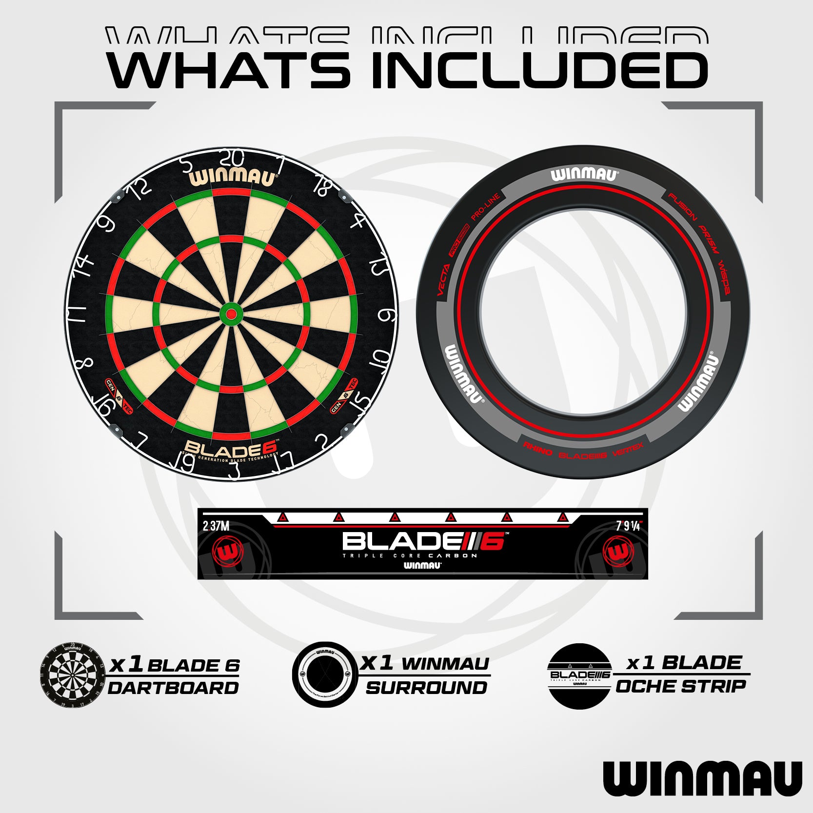 Winmau Blade 6 Surround Set - Dartboard - Surround - 2 Sets of Darts - Oche Line - Checkout Card