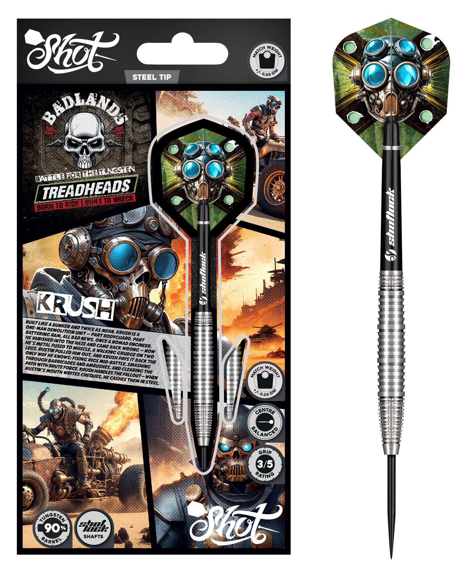 Shot Badlands Krush Steel Tip Dart Set - 90% Tungsten - 22g - 28g