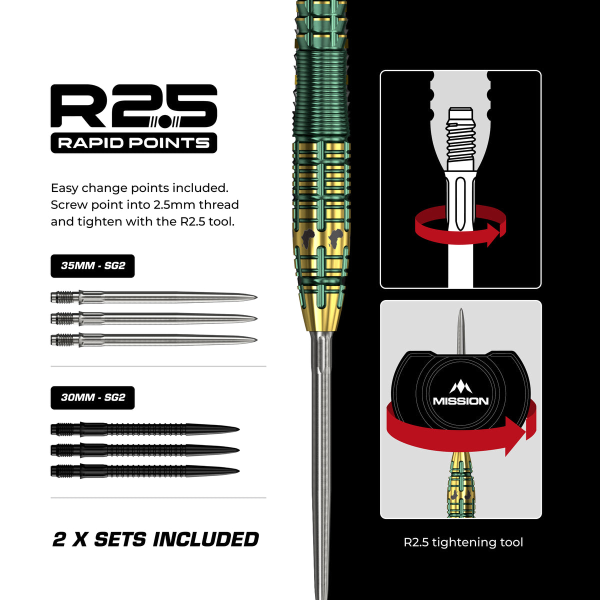 Mission Devon Petersen - R2.5 Rapid Points - 95% Tungsten Steel Tip Darts - 22g 24g