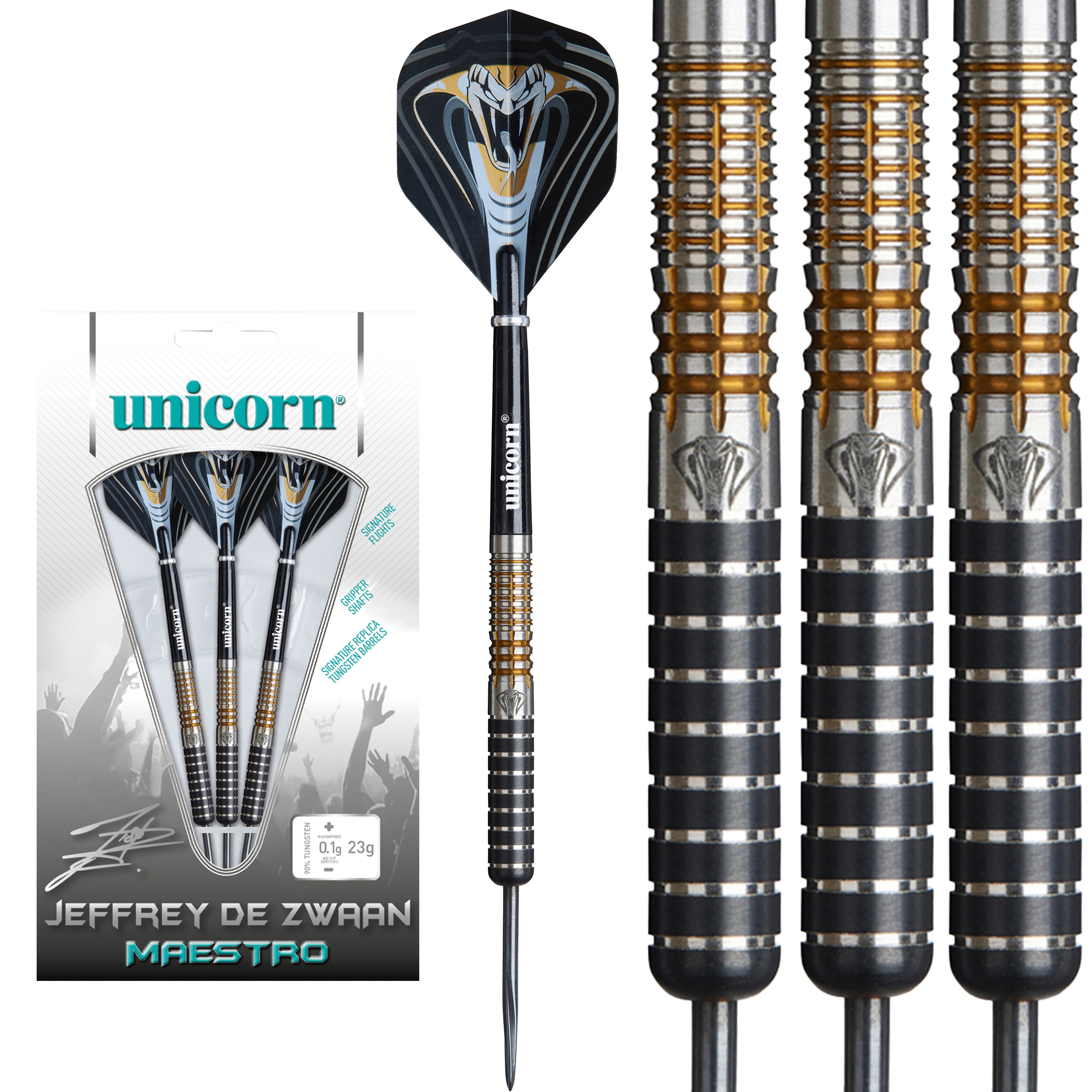 Unicorn Jeffrey De Zwaan Maestro P3 Steel Tip Darts Set - 90% Tungsten - 23g 25g