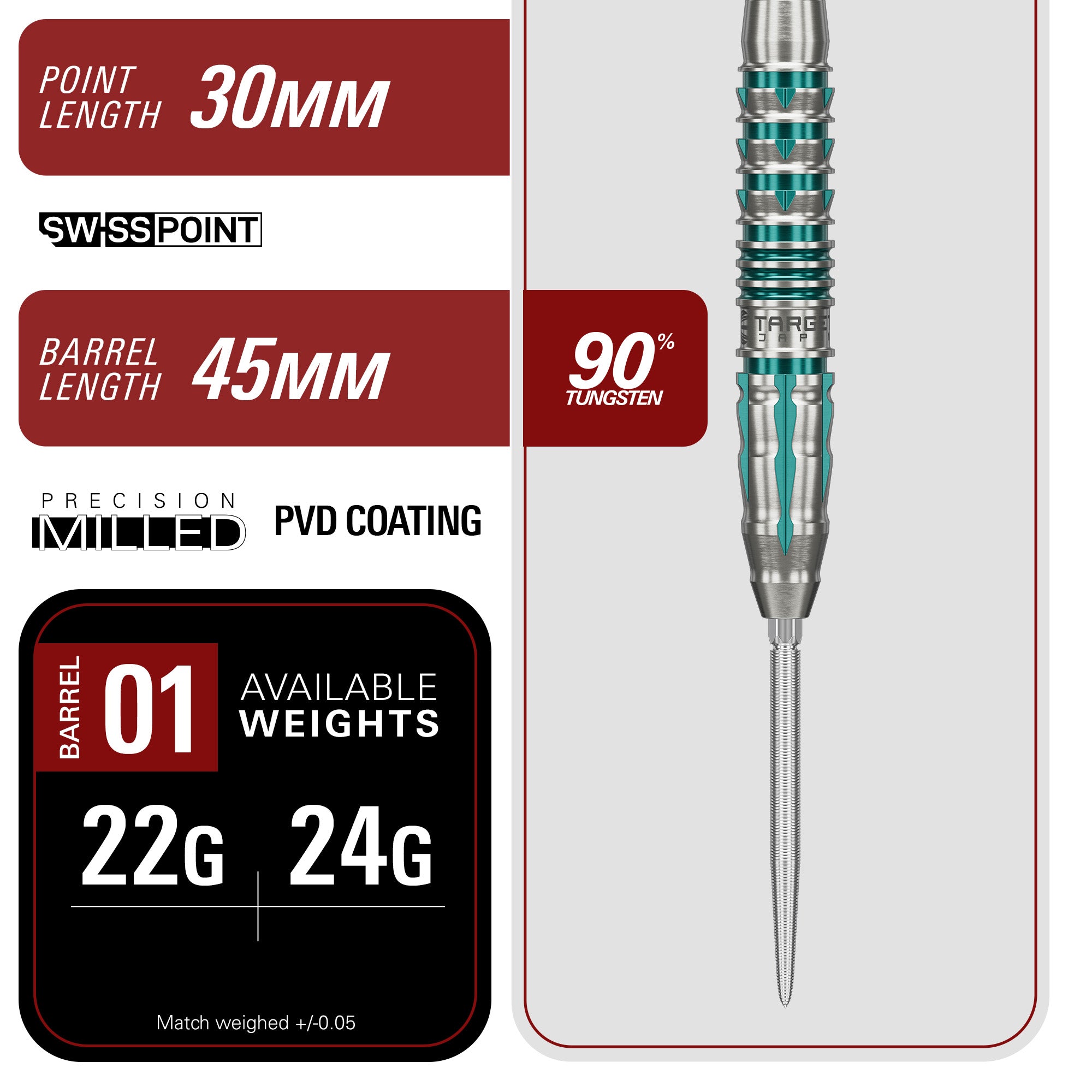 Target Japan - Black Marque Pierce - 90% Tungsten Swiss Points Darts - 22g 24g