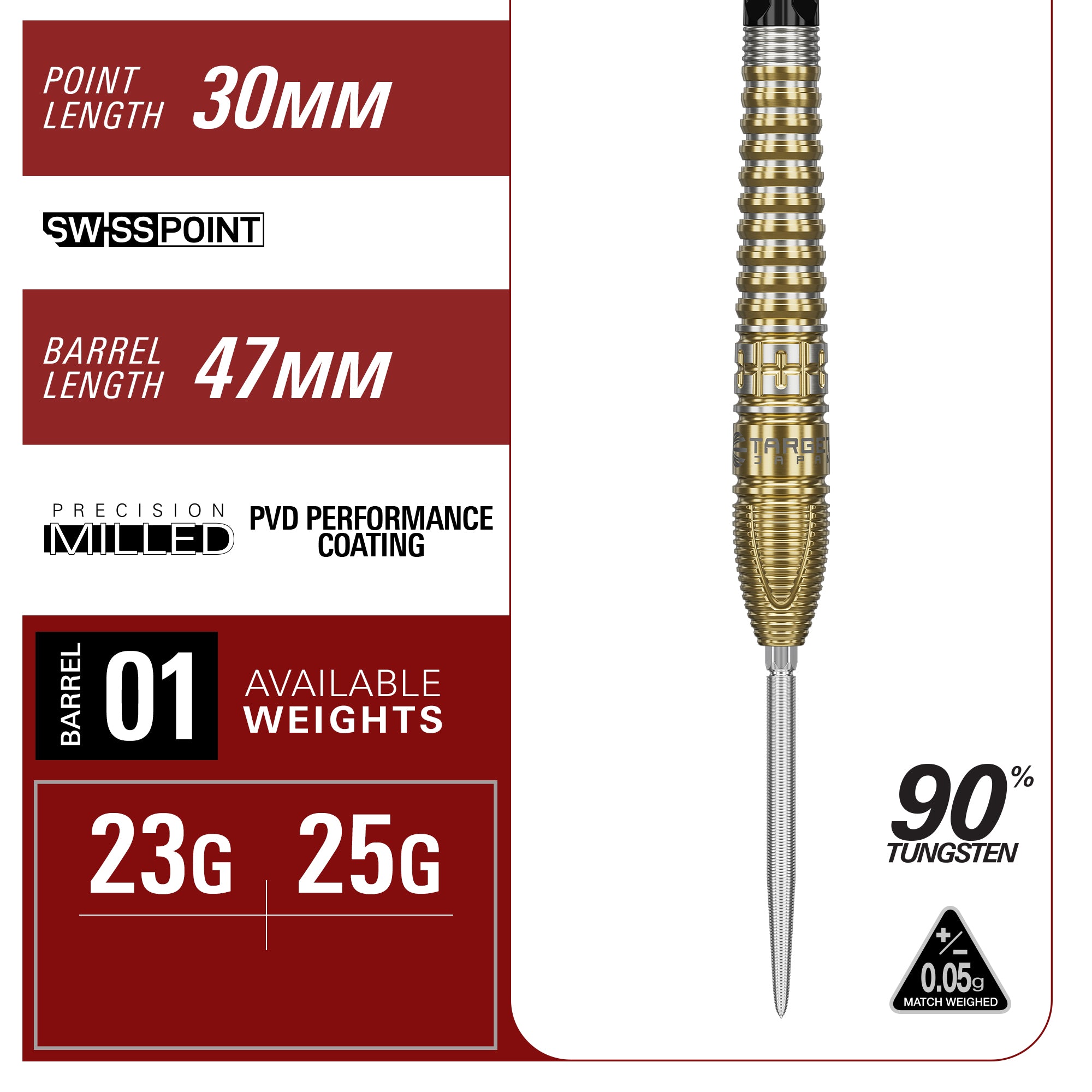 Target Japan - Hot Shot - Gen 3 - Prime Series - 90% Tungsten Darts - Swiss Point - 23g 25g