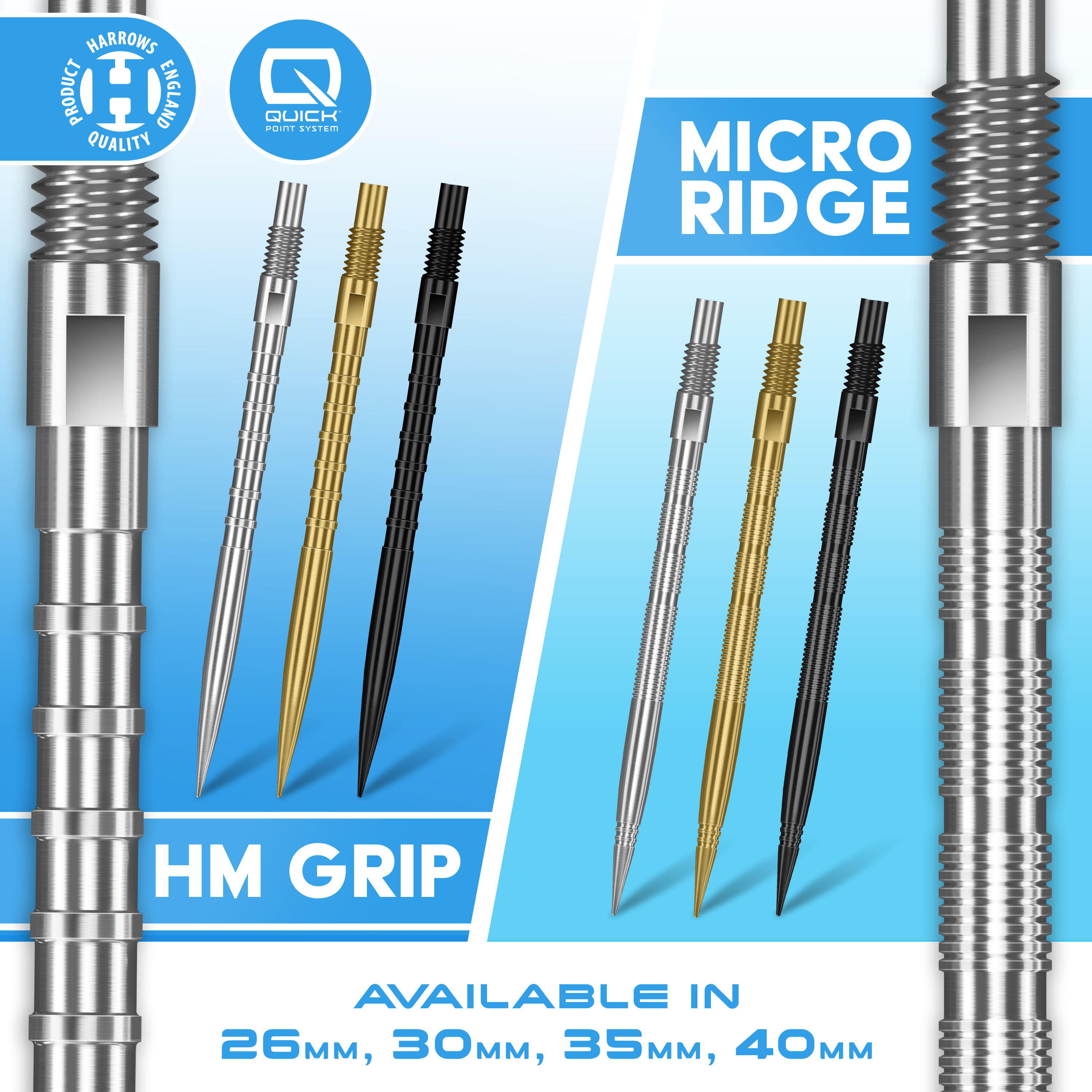 Harrows Micro Grip Ridge - Quick Points - 26mm 30mm 35mm 40mm - Silver