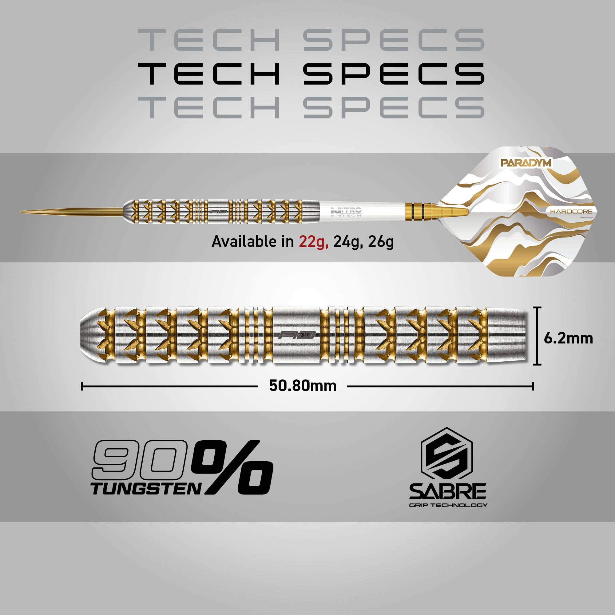 Red Dragon Paradym Gold - Parrallel - 90% Tungsten Darts - 22g 24g 26g