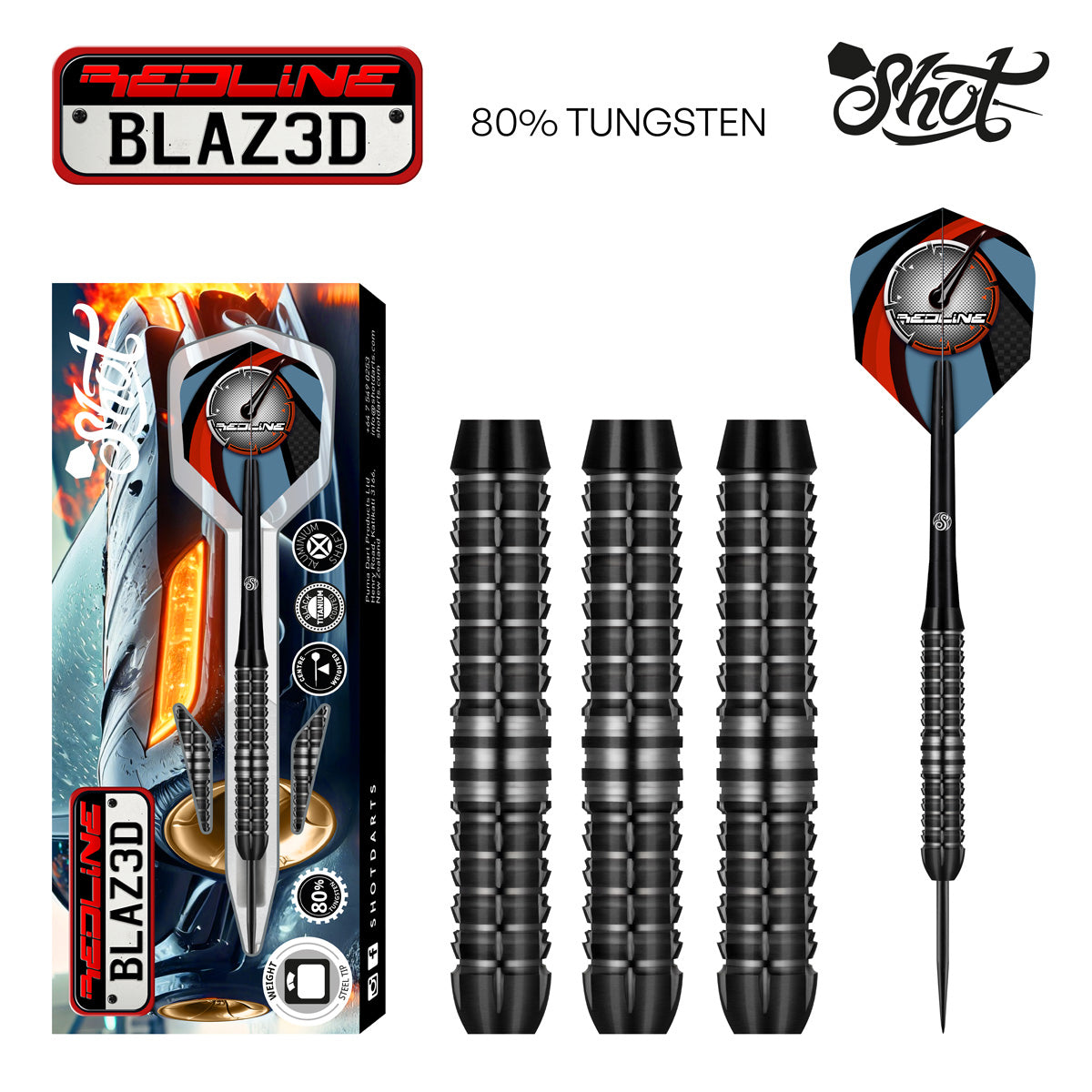 Shot Redline BLAZ3D Steel Tip Darts Set - 80% Tungsten - 22g 24g 26g 28g