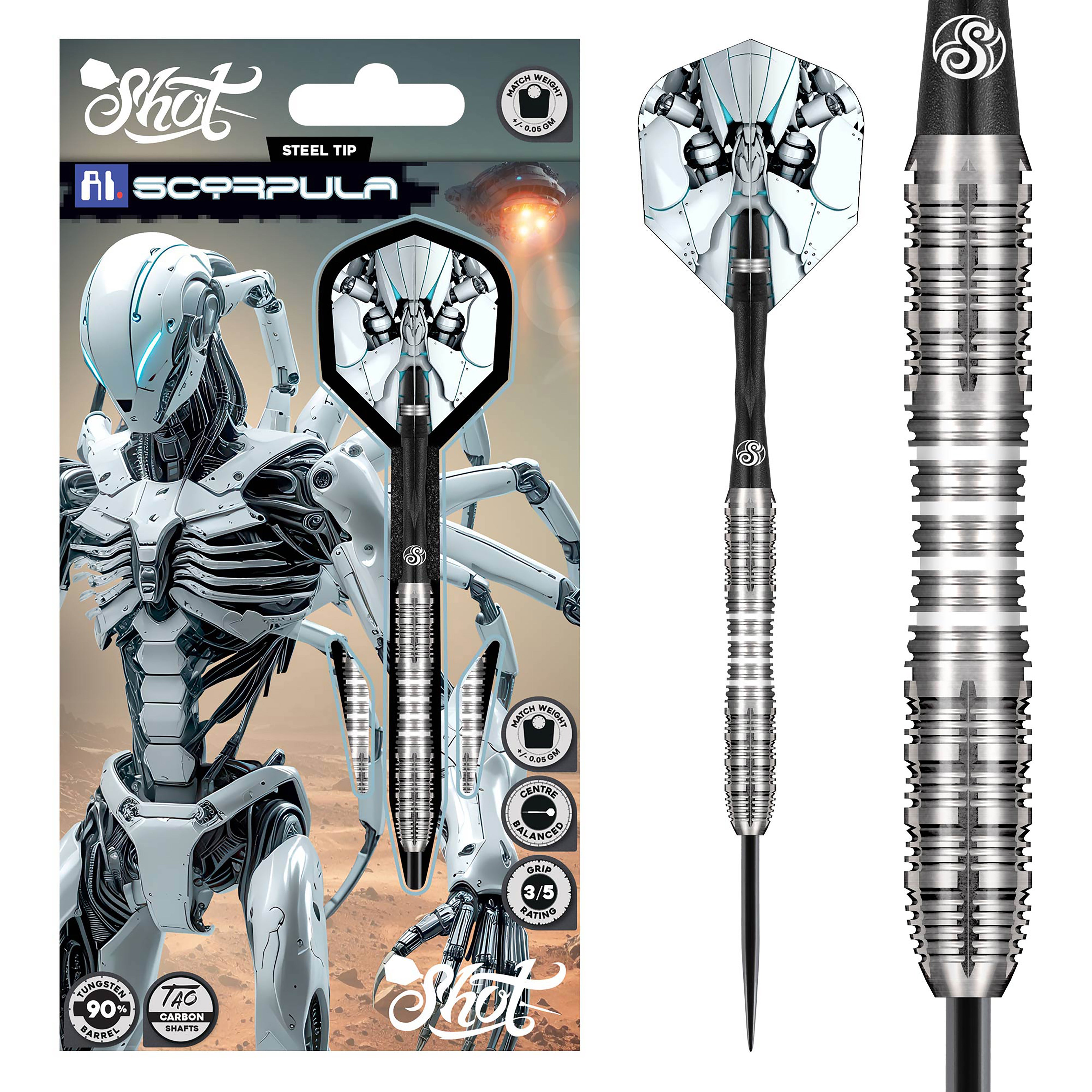Shot AI Scorpula - Steel Tip Dart Set - 90% Tungsten Darts - 23g - 27g