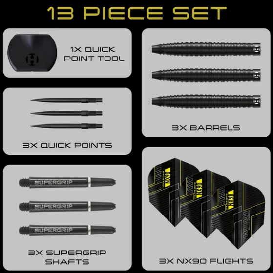 Harrows NX90 Black Edition - 90% Tungsten - Quick Point Darts - 21g - 26g