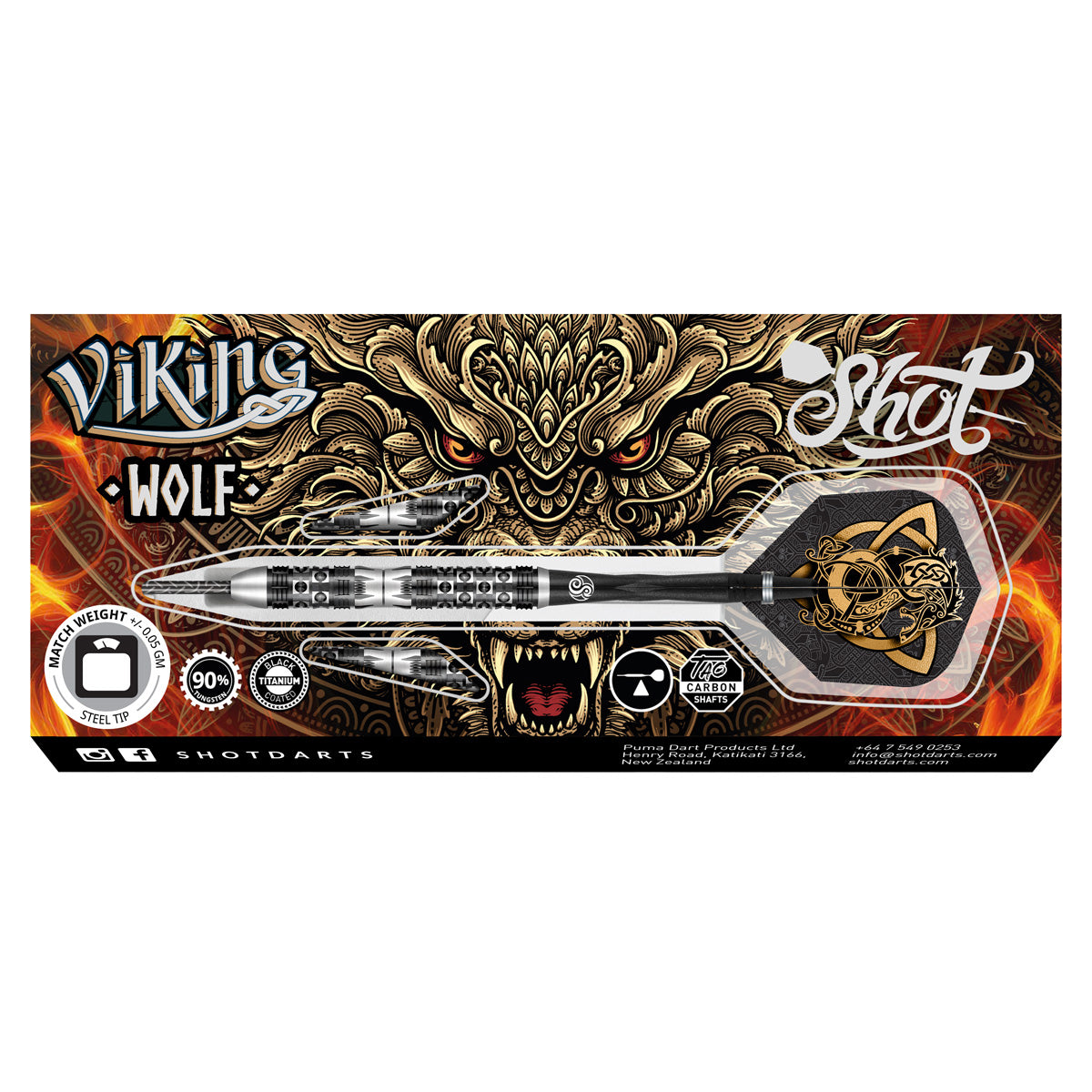 Shot Viking Wolf Steel Tip Darts Set - 90% Tungsten - 23g 24g 25g