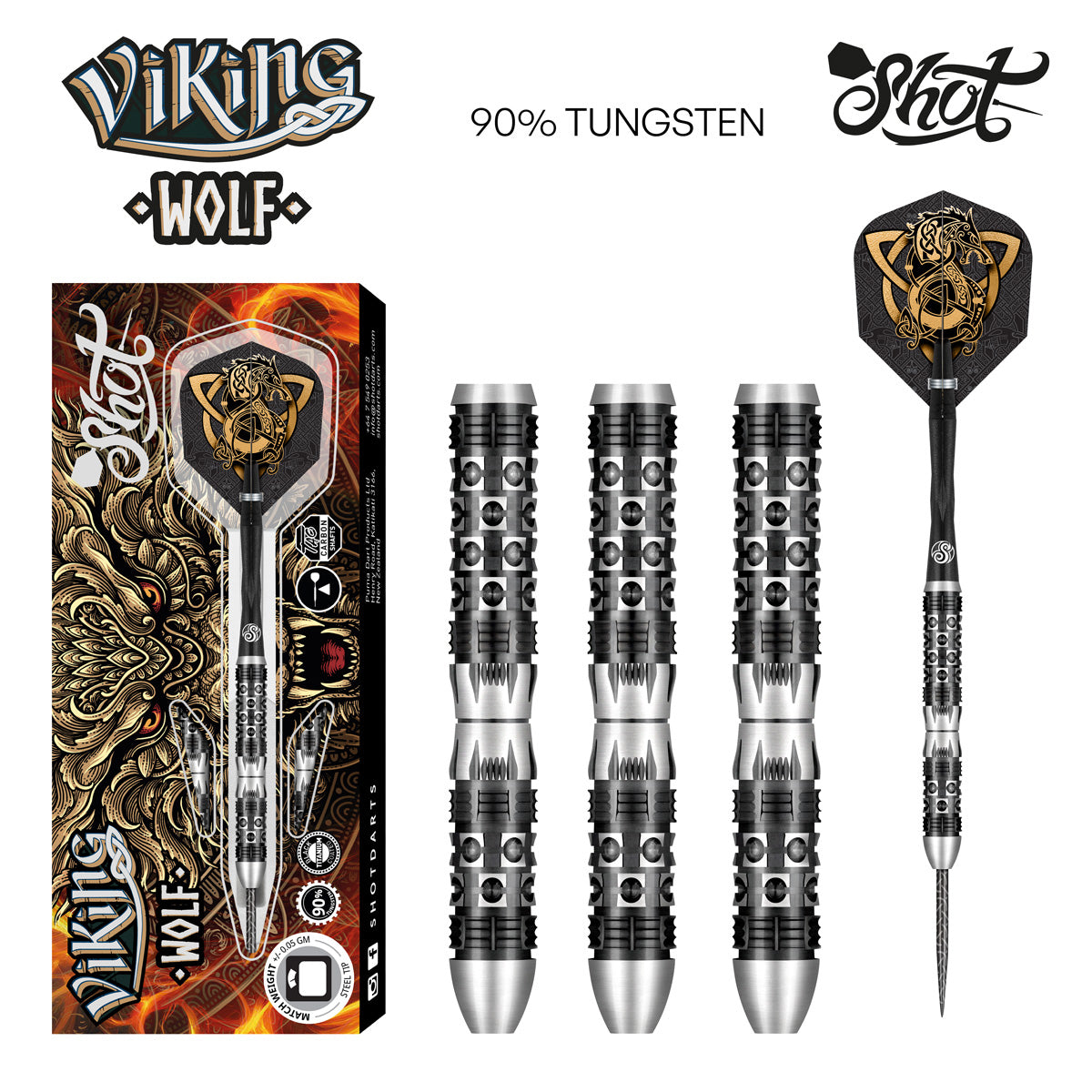 Shot Viking Wolf Steel Tip Darts Set - 90% Tungsten - 23g 24g 25g