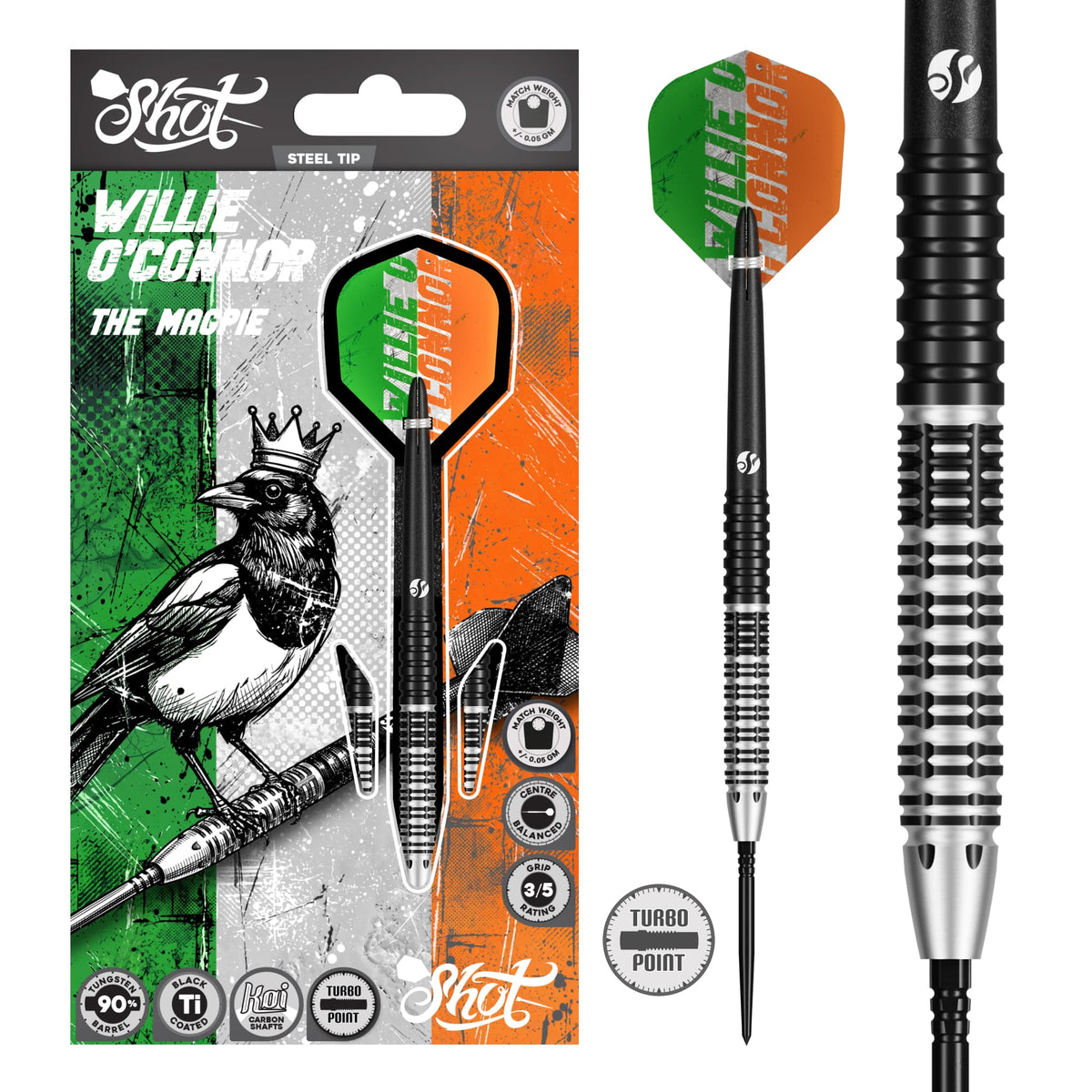 Shot Pro Series Willie O'Connor - Magpie - Steel Tip Dart Set - 90% Tungsten - Turbo Point - 23g 24g