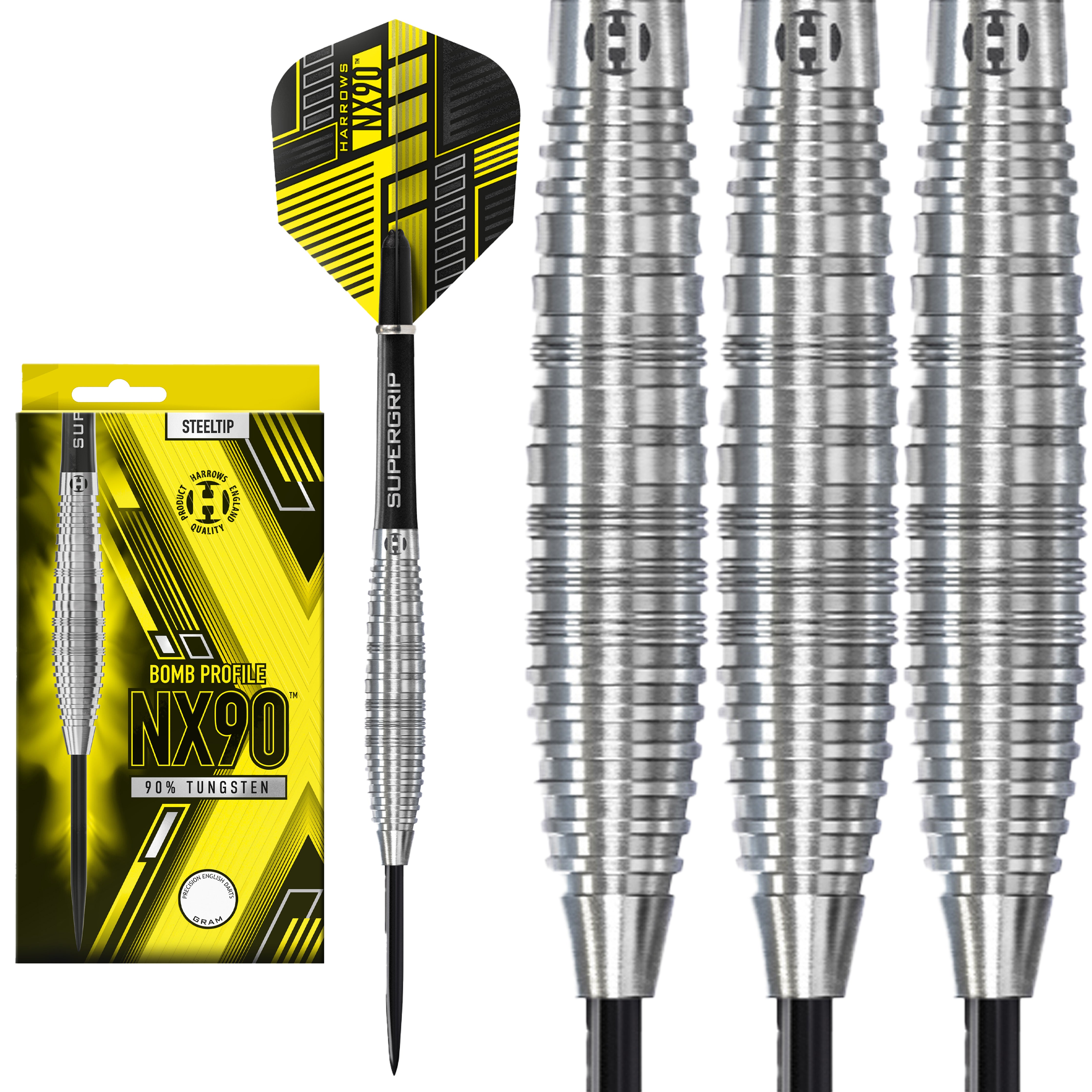 Harrows NX90 Bomb Steel Tip Darts Set - 90% Tungsten - 21g 23g 25g