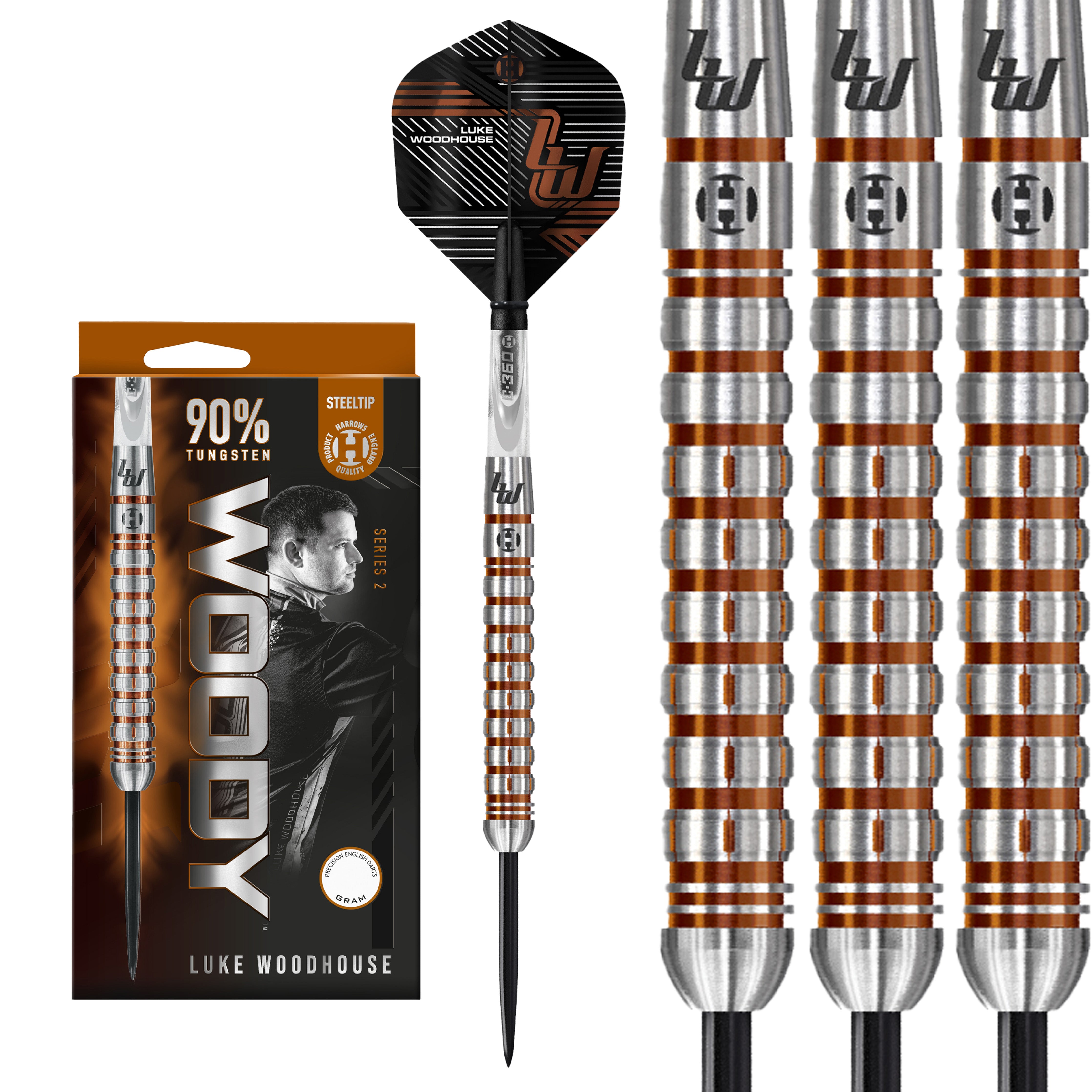 Harrows Luke 'Woody' Woodhouse Series 2 Steel Tip Darts Set - 90% Tungsten - 21g 23g 25g