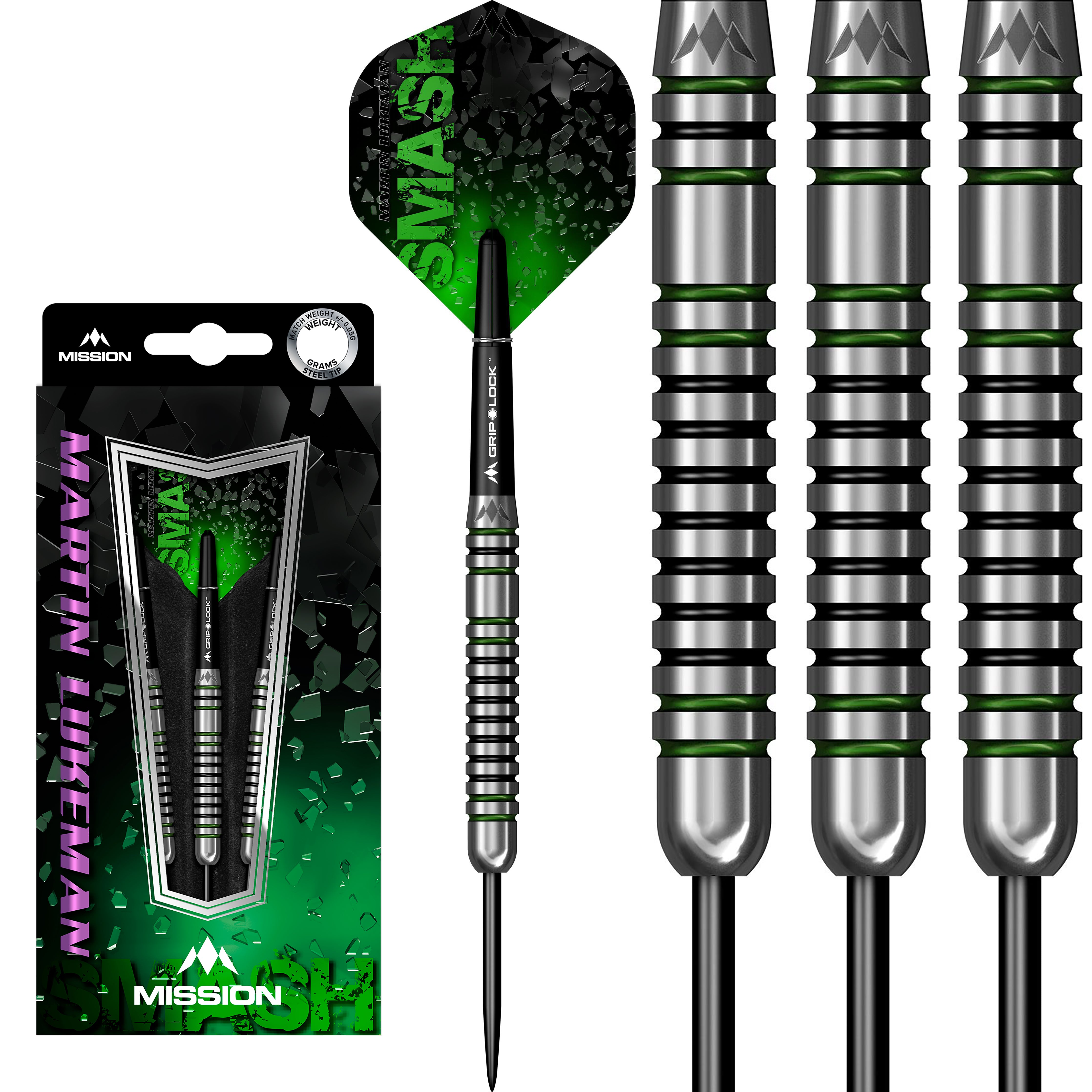 Mission Martin 'SMASH' Lukeman Darts - 90% Tungsten Darts - Black & Green - 23g 25g