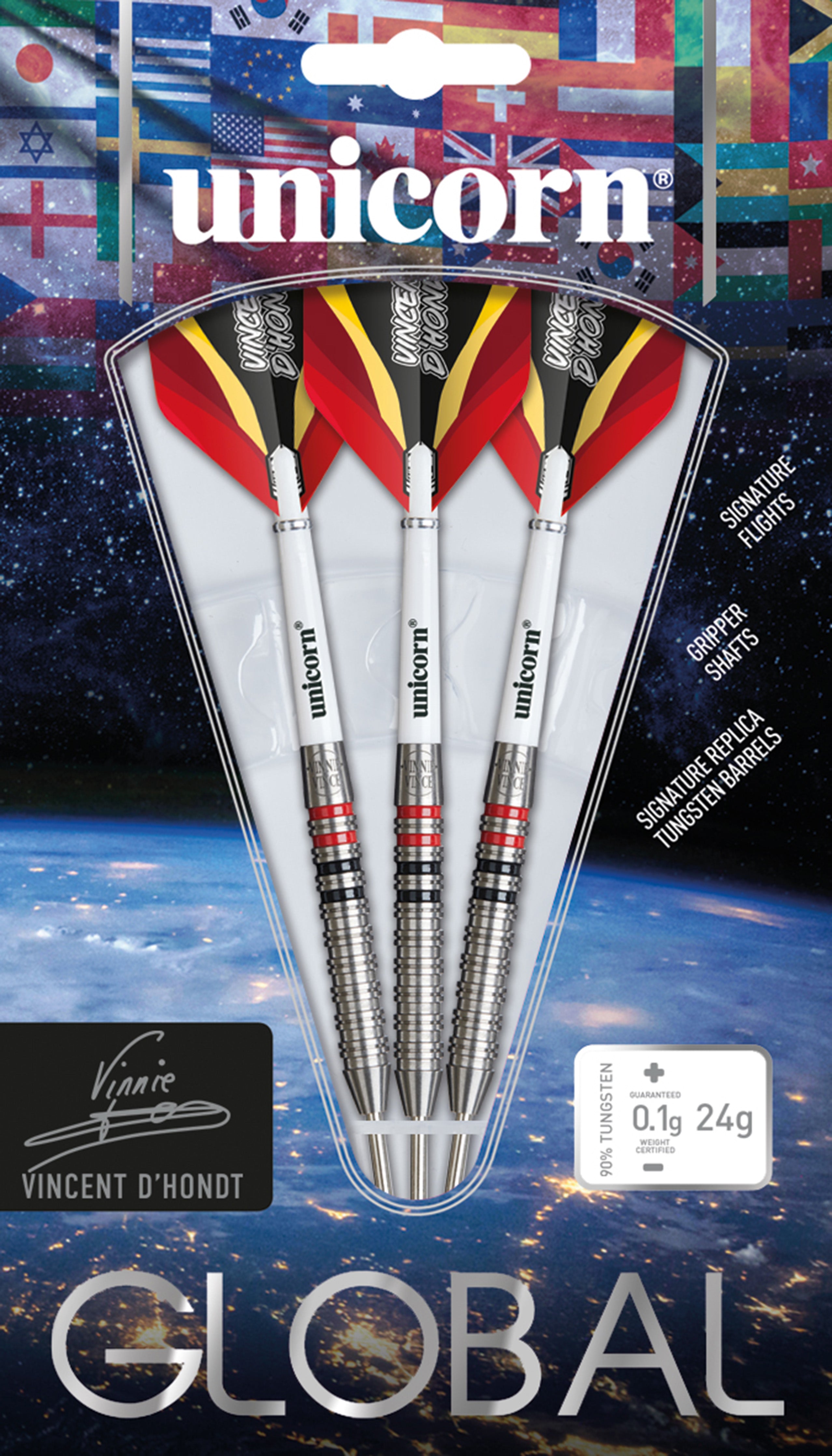 Unicorn Vincent D'Hondt Steel Tip Darts Set - 90% Tungsten - 24g