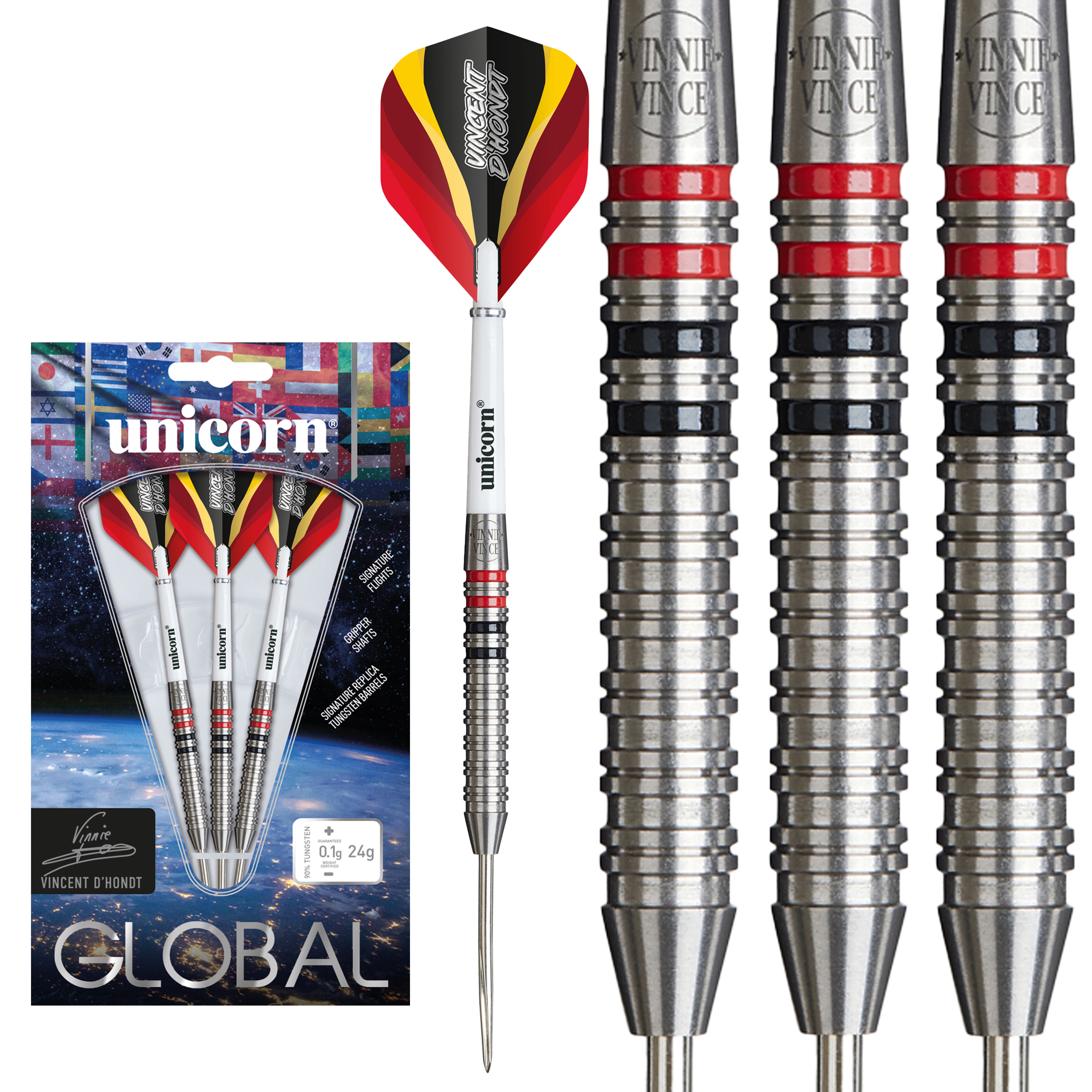 Unicorn Vincent D'Hondt Steel Tip Darts Set - 90% Tungsten - 24g