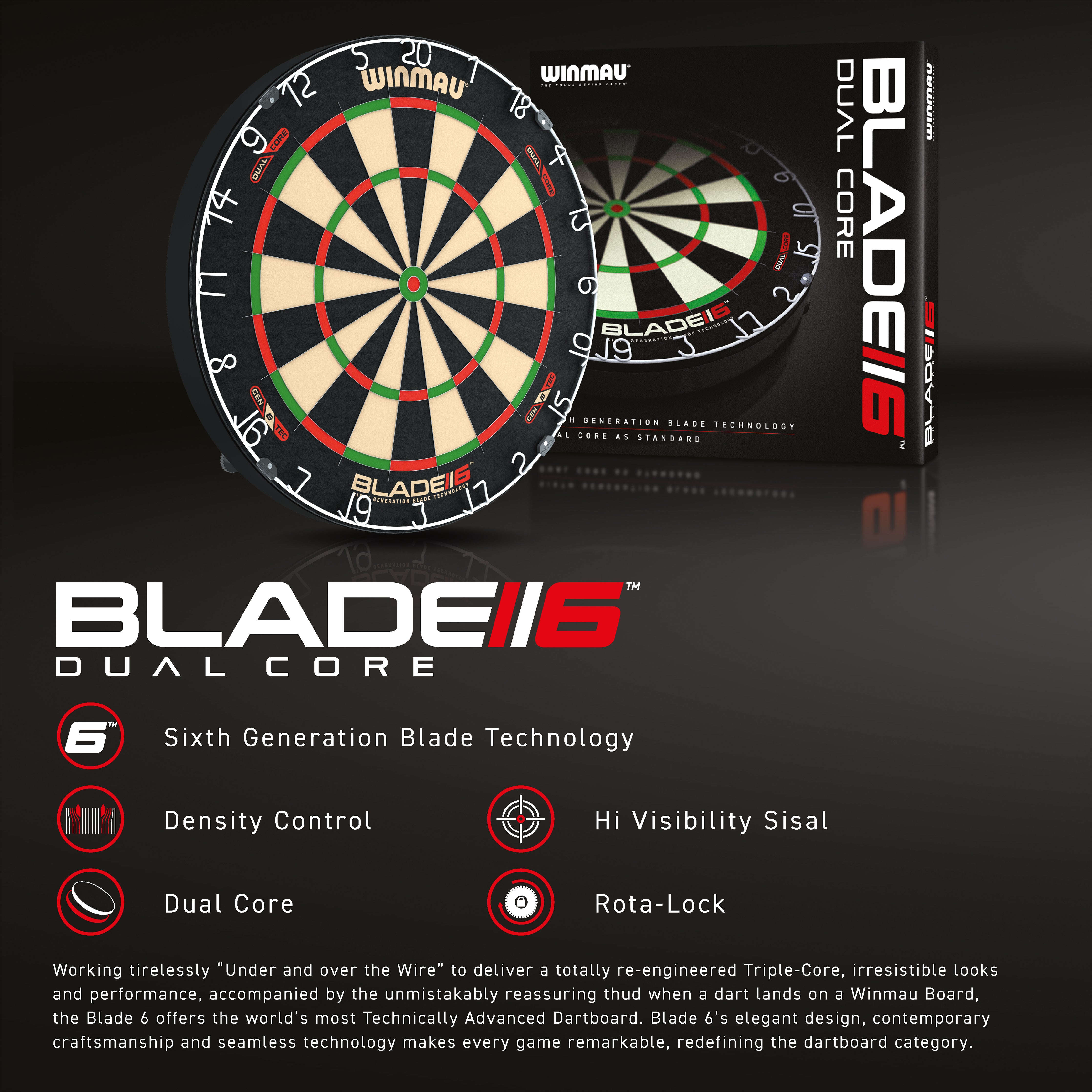 Winmau Blade 6 Dual Core Dartboard - Staple Free - Rota Lock