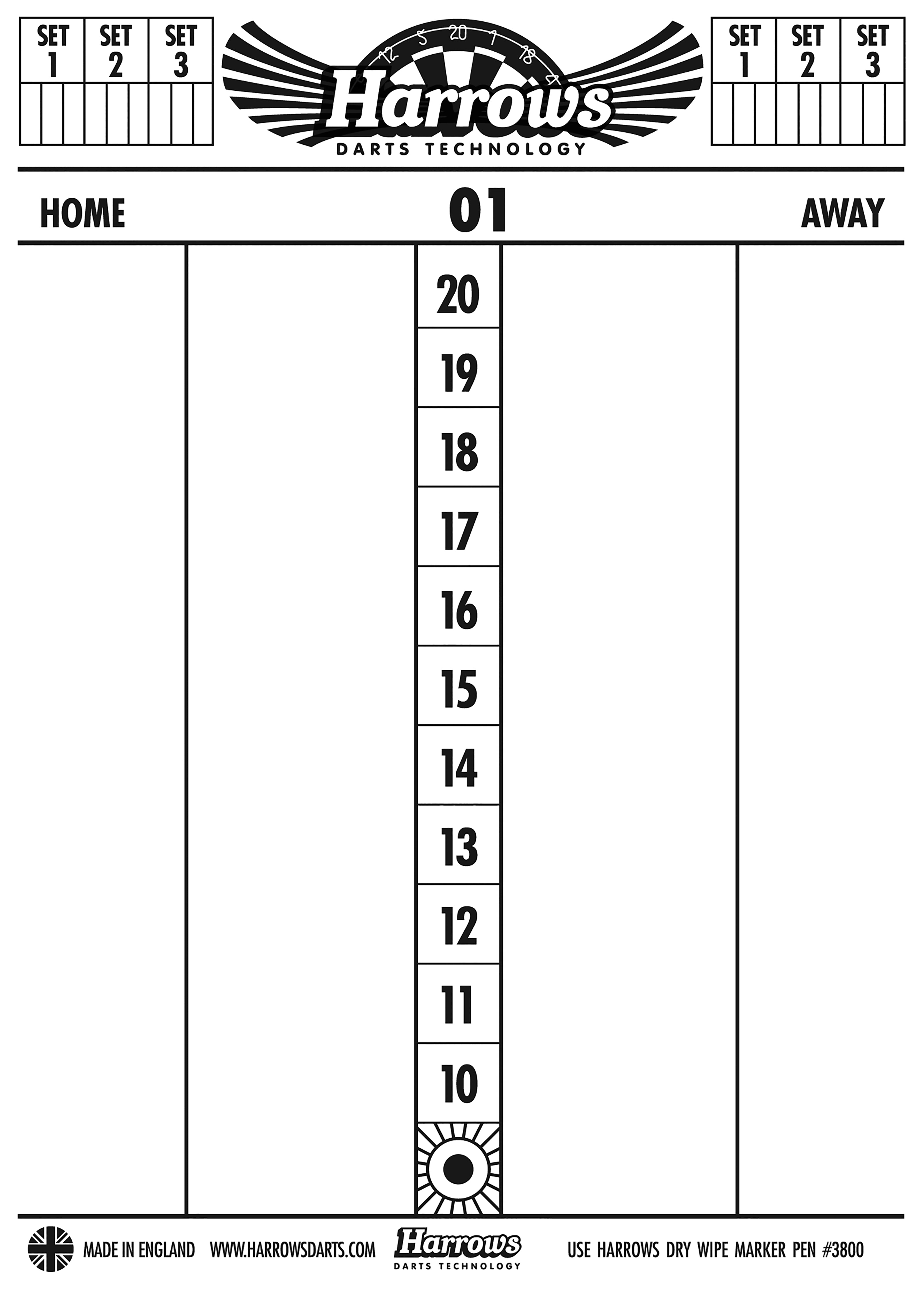 Harrows Scoreboard - Dry Wipe Dart Board - Marker Board