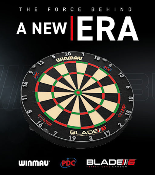 Winmau Blade 6 professional dart boards with PDC branding and staple-free tournament design
