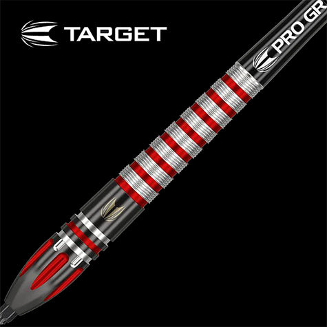 Target steel tip dart barrel with red grip detailing on black background