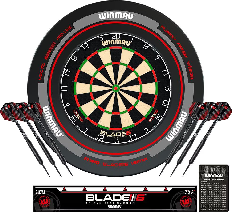 Winmau Blade 6 Surround Set - Dartboard - Surround - 2 Sets of Darts - Oche Line - Checkout Card