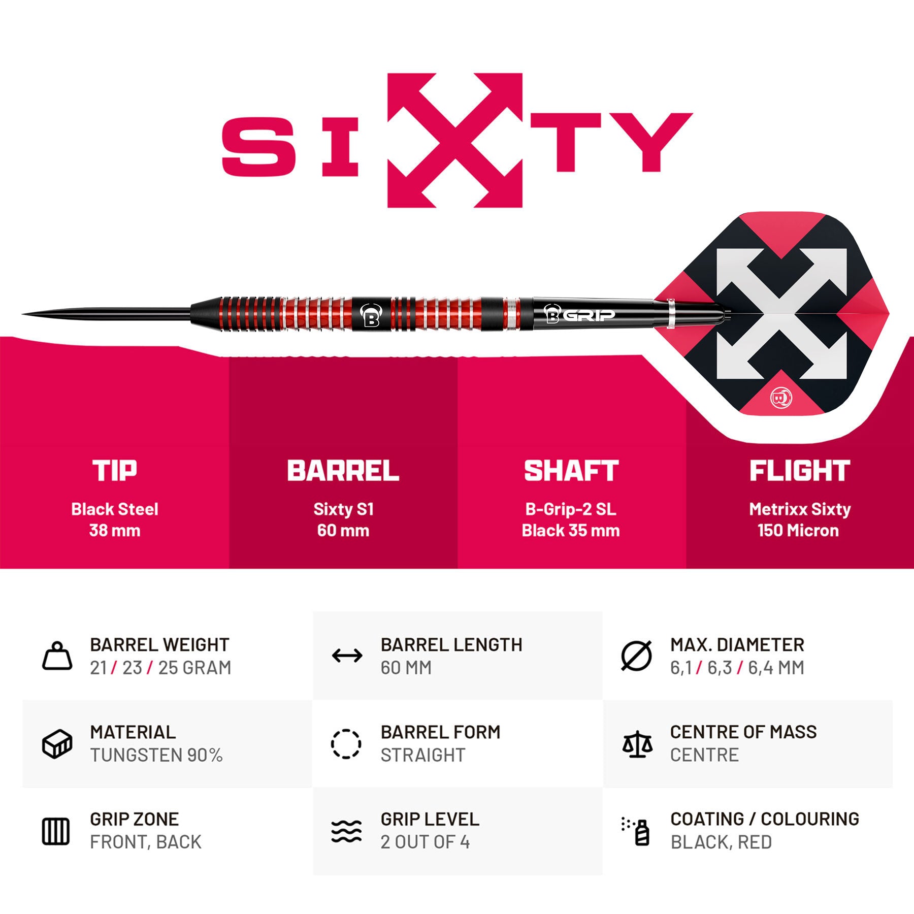 BULL'S Sixty S1 - 90%Tungsten Steel Tip Darts - 21g 23g 25g