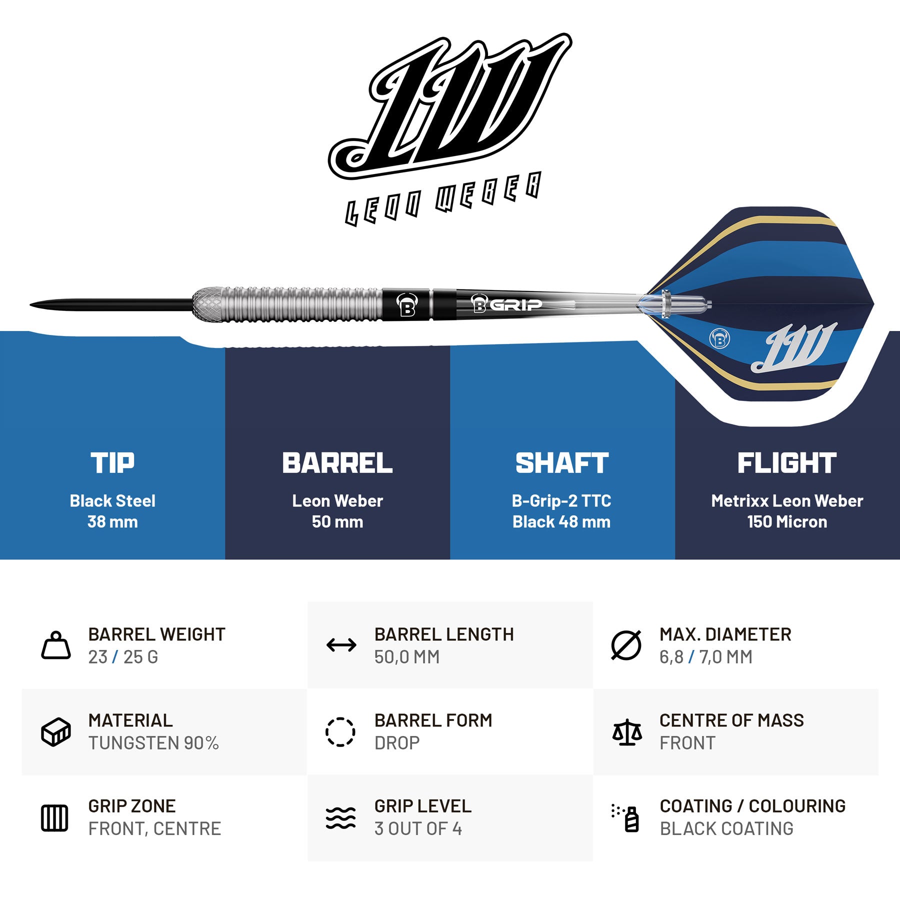 BULL'S Leon Weber - 90% Tungsten Steel Tip Darts - 23g 25g