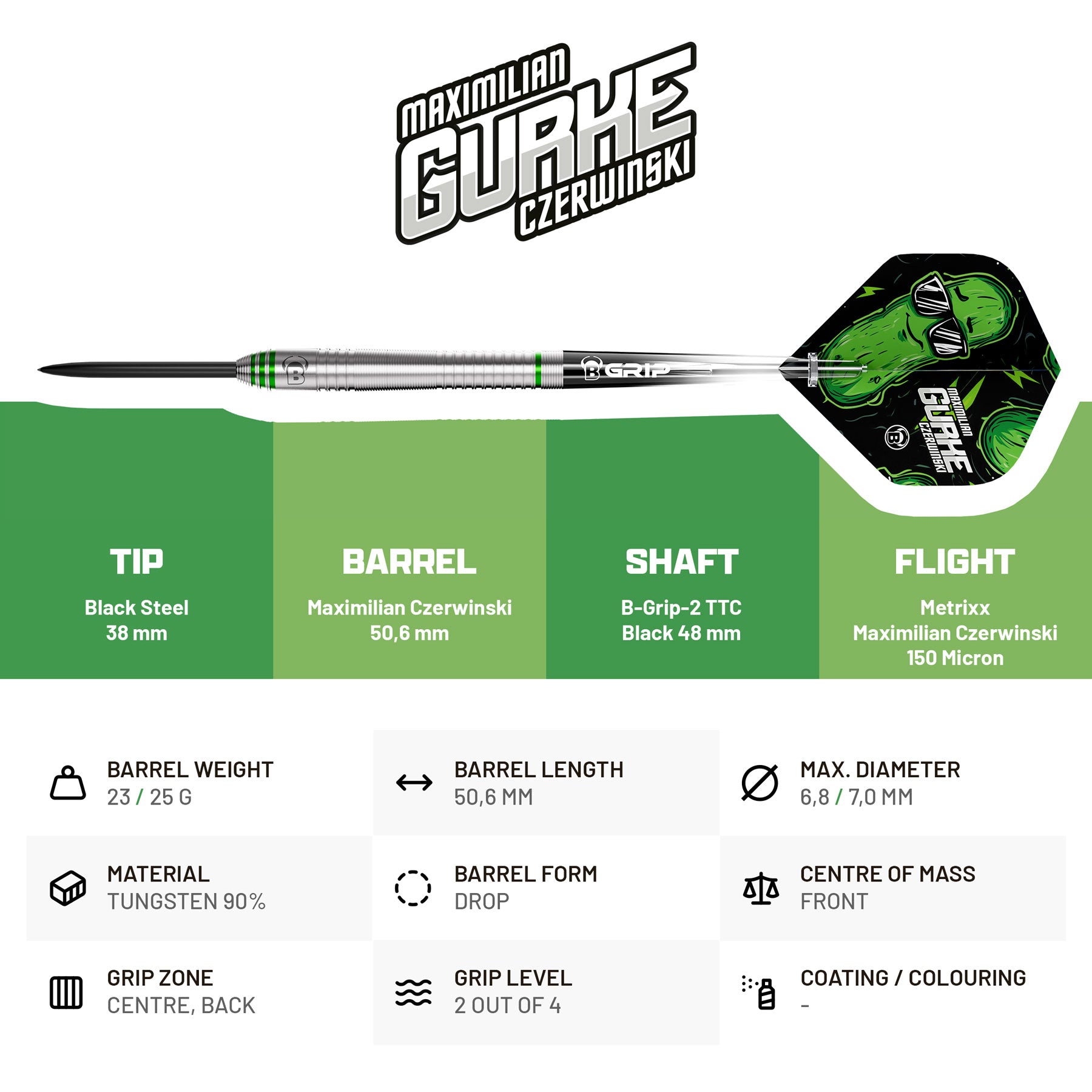 BULL'S Max "Gurke" Czerwinski - 90% Tungsten Steel Tip Darts - 23g 25g