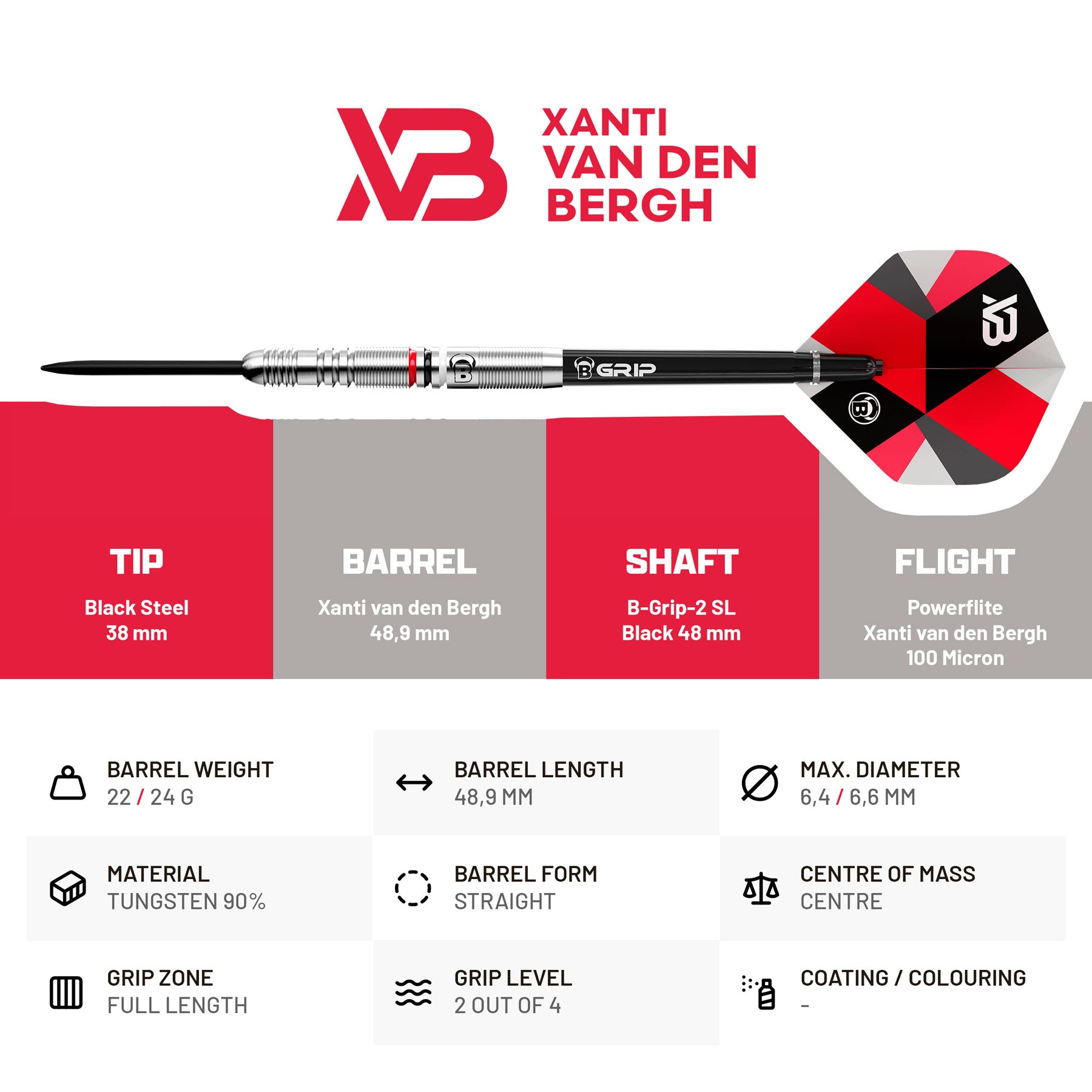 BULL'S Xanti Van den Bergh - 90% Tungsten Steel Tip Darts - 22g 24g