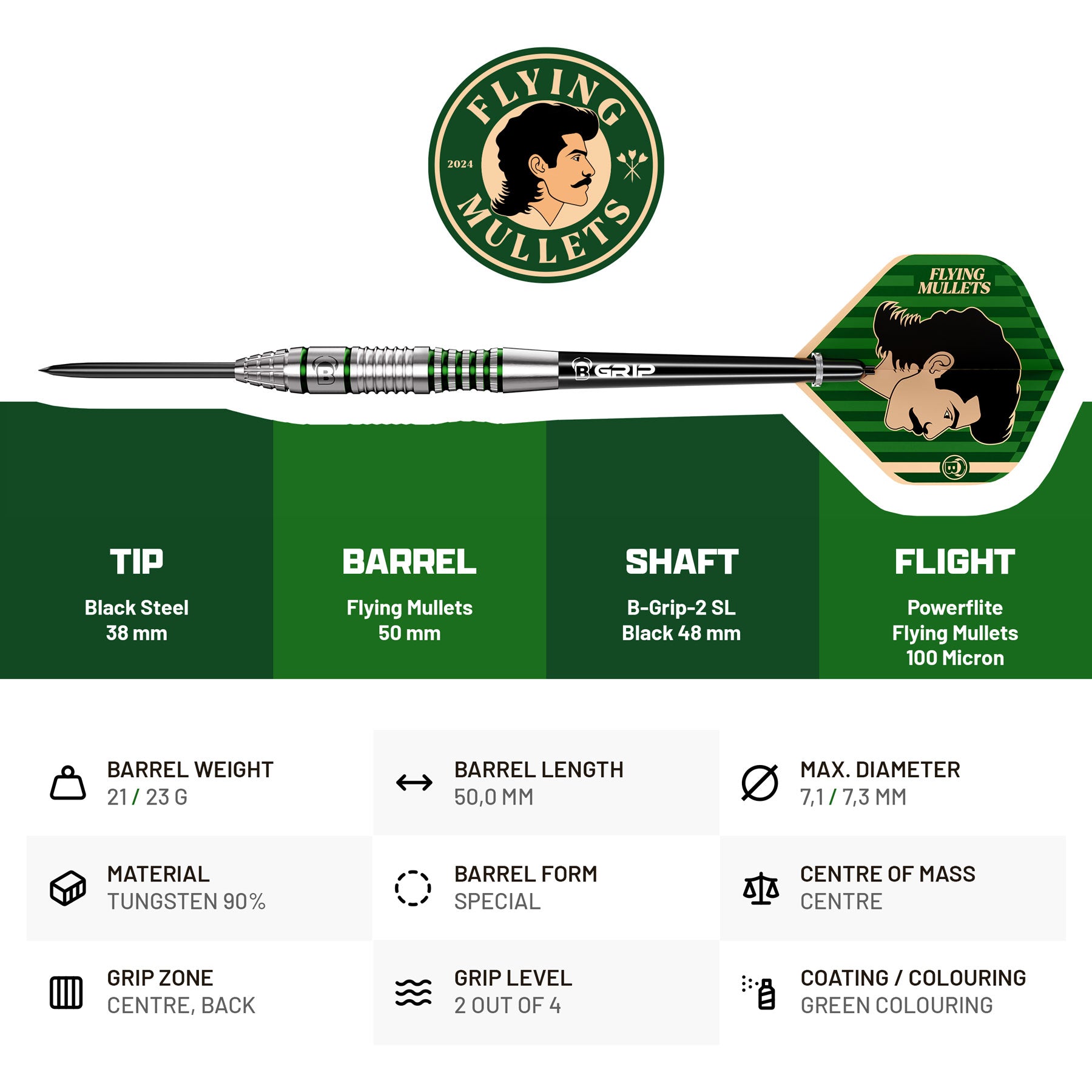 BULL'S Flying Mullet - 90%Tungsten Steel Tip Darts - 21g 23g