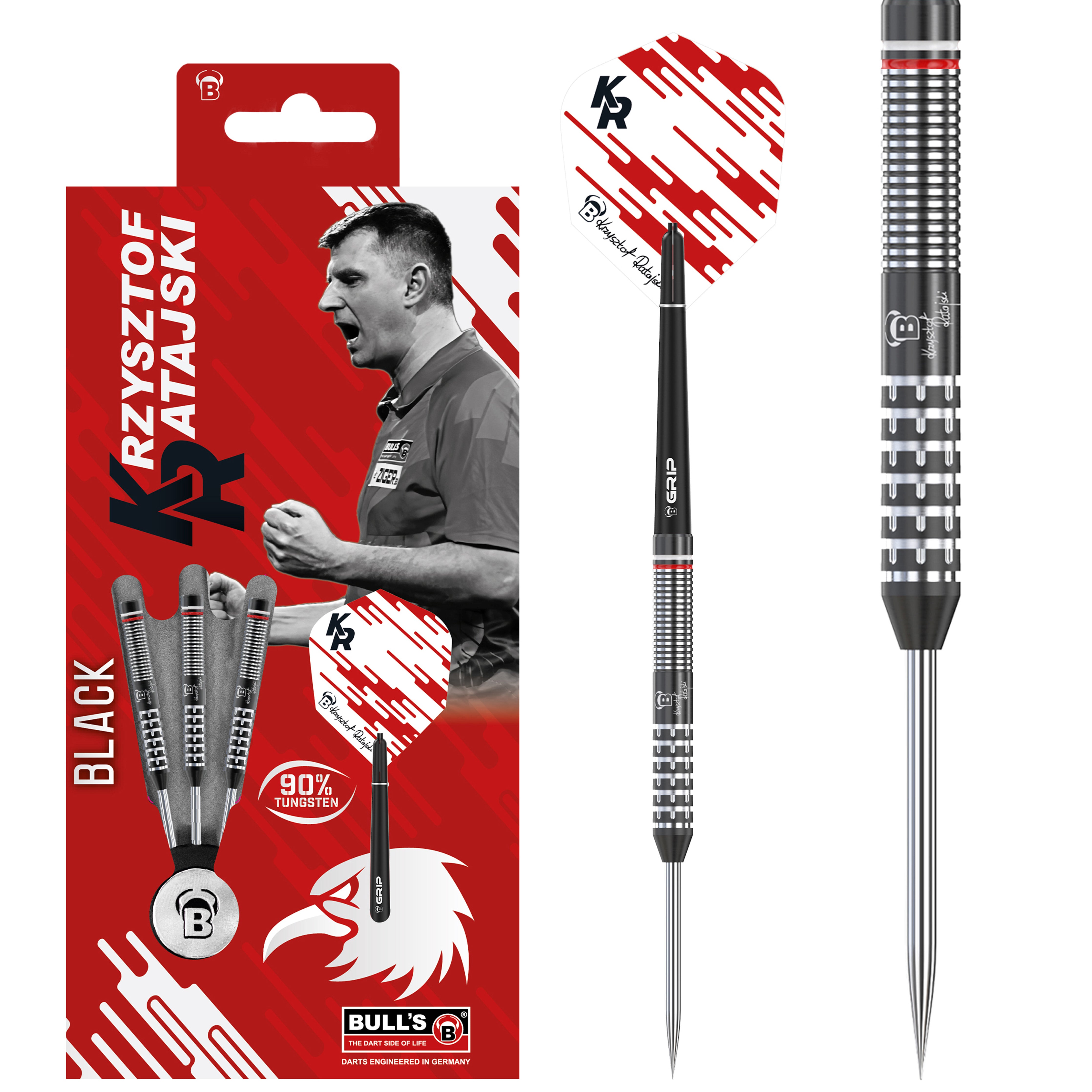 BULL'S Krzysztof Ratajski Gen 2 Black Edition Steel Tip Darts - 90% Tungsten - 22g 24g 26g