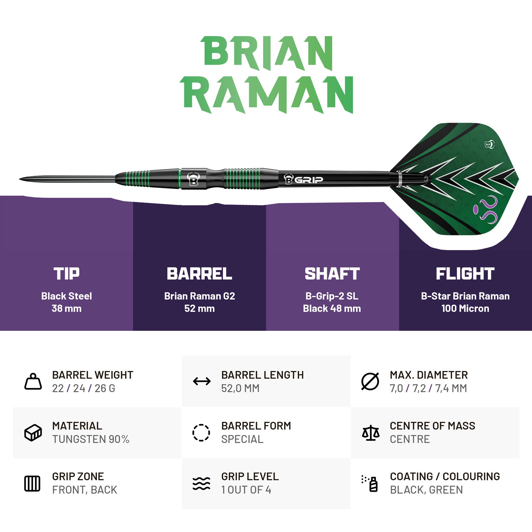BULL'S Brian Raman G2 Steel Tip Tungsten Darts 22g 24g 26g