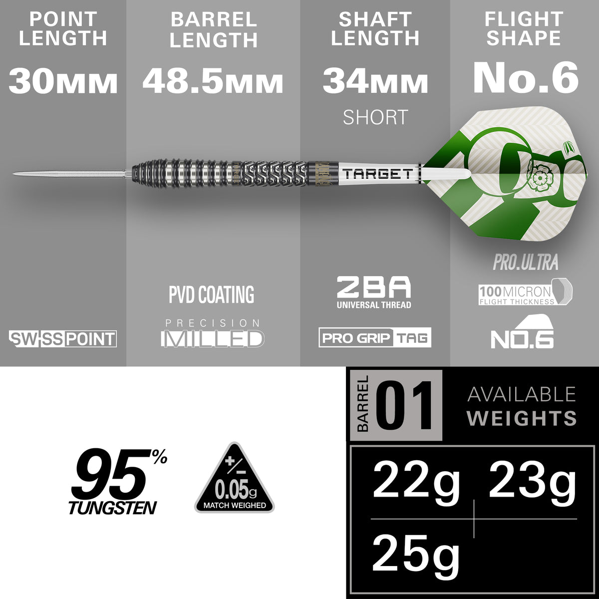 Target Charlie Manby - Champagne - 95% Tungsten SP Steel Tip Darts - 22g 23g 25g