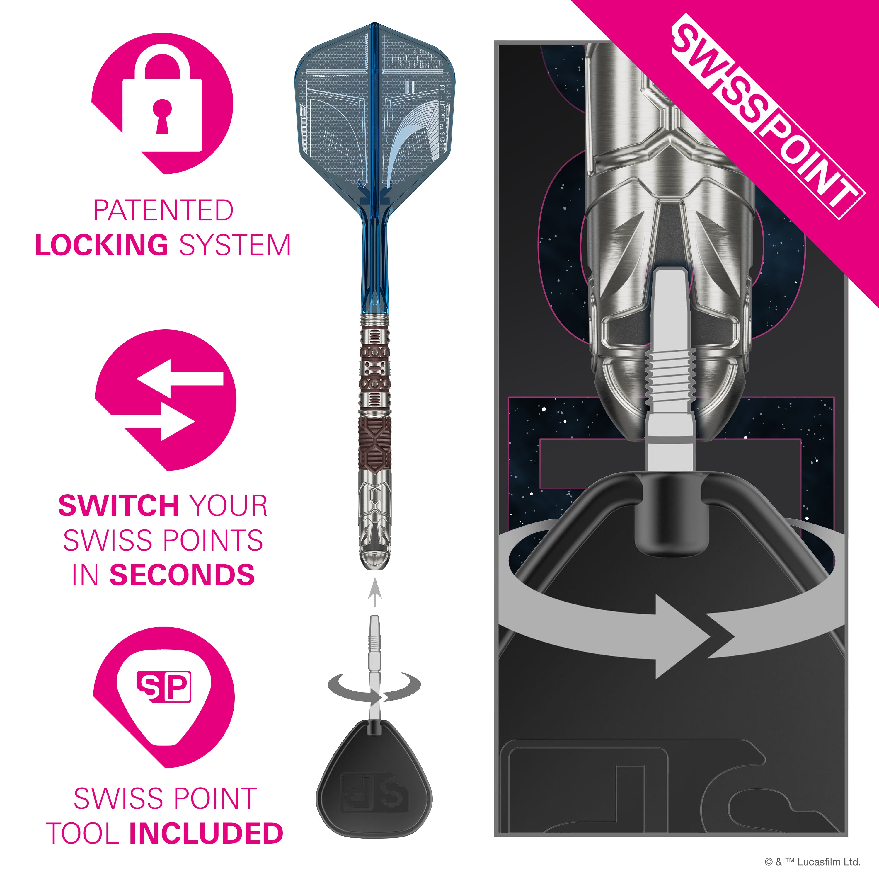 Target Darts Star Wars Mandalorian - 95% Tungsten - Swiss Steel Tip Darts - 22g 24g 26g