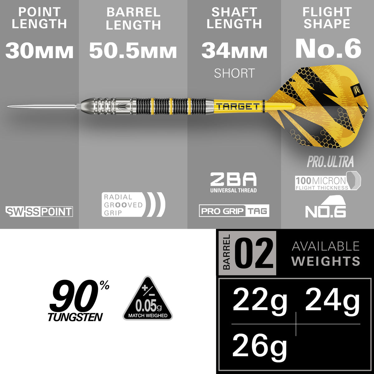 Target Buzz SP02 - 90% Tungsten Steel Tip Darts - 22g 24g 26g