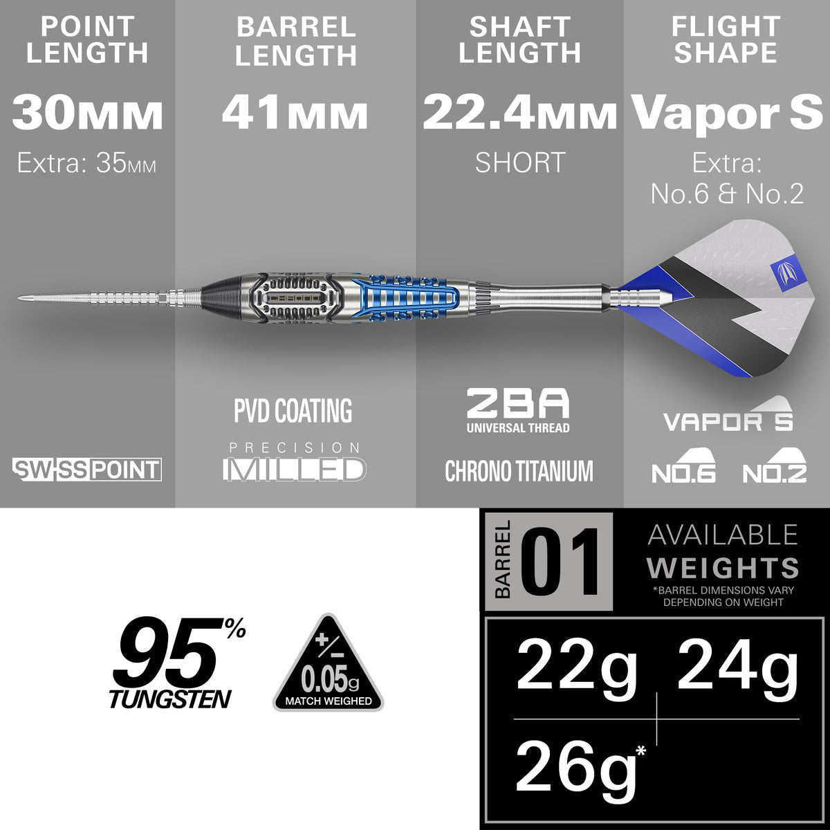 Target Phil Taylor Power - Chrono -  95% Tungsten SP Steel Tip Darts - 22g 24g 26g