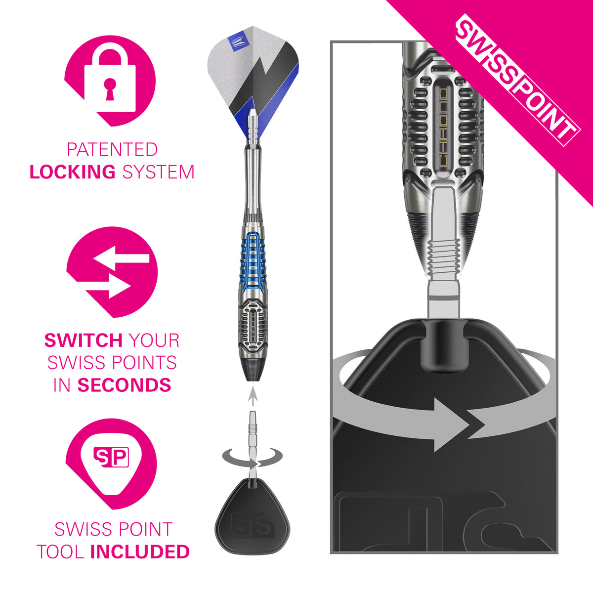Target Phil Taylor Power - Chrono -  95% Tungsten SP Steel Tip Darts - 22g 24g 26g