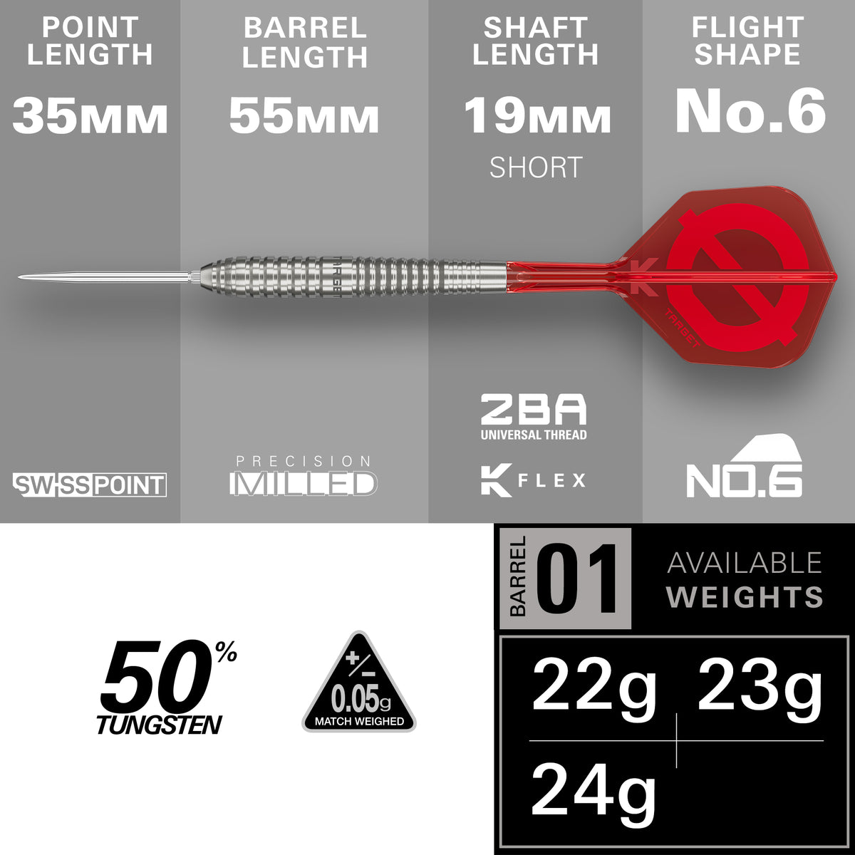 Target Group O 01 - 50% Tungsten SP Steel Tip Darts Set - 22g 23g 24g