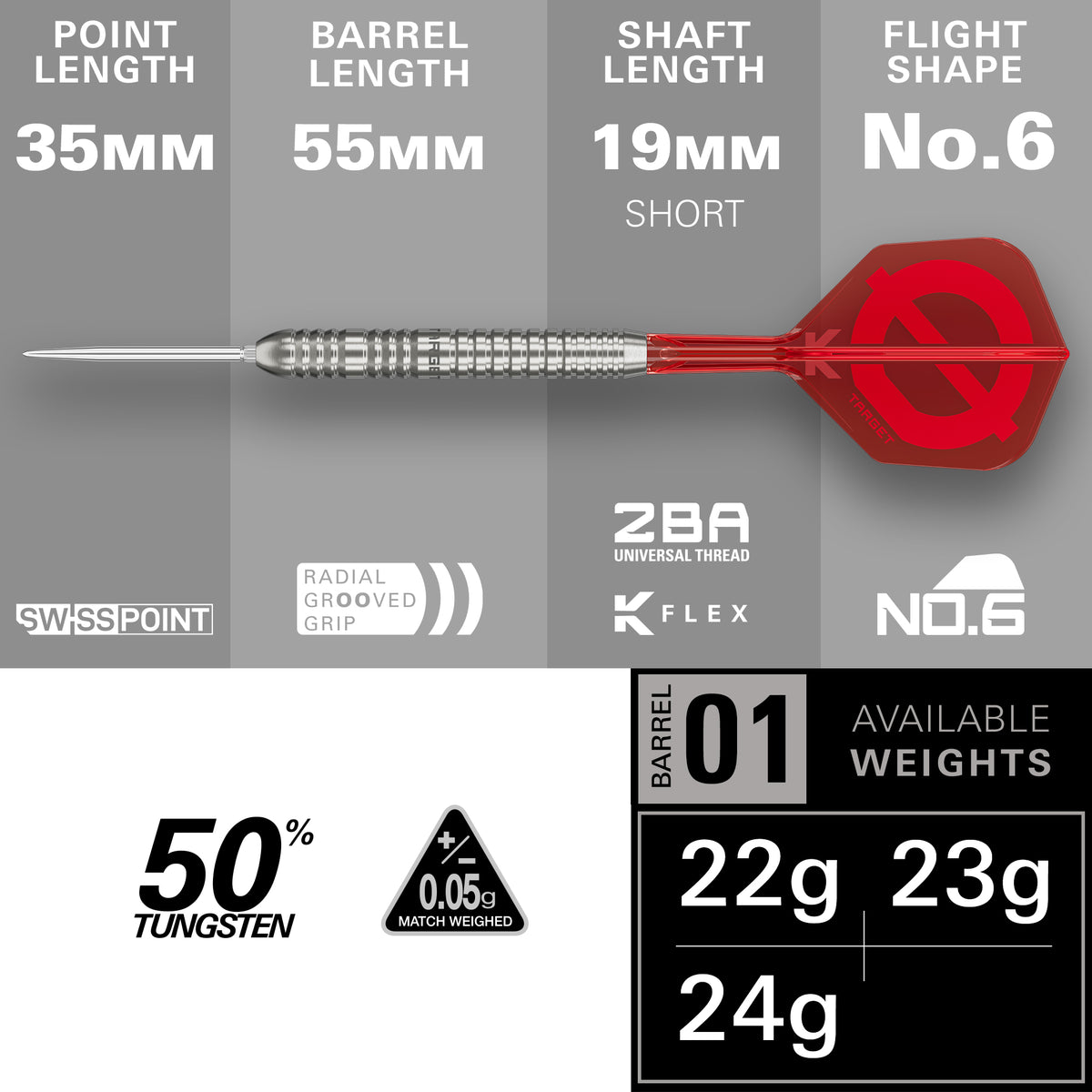 Target Group O 03- 50% Tungsten SP Steel Tip Darts Set - 22g 24g 26g