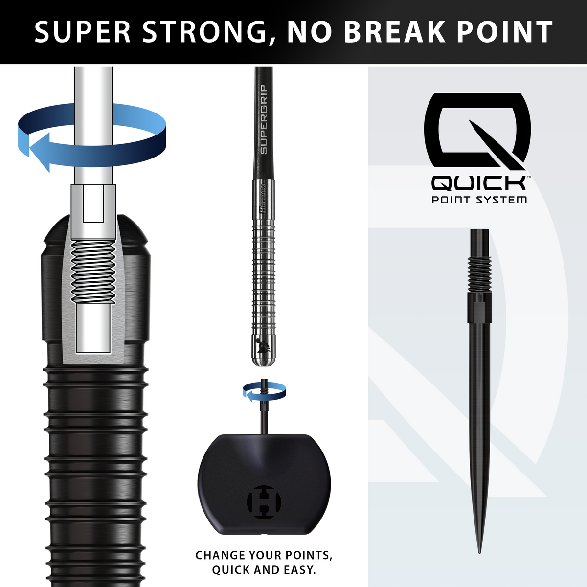 Harrows Supergrip Black Edition - 90% Tungsten Darts - Quick Point - 21g-30g