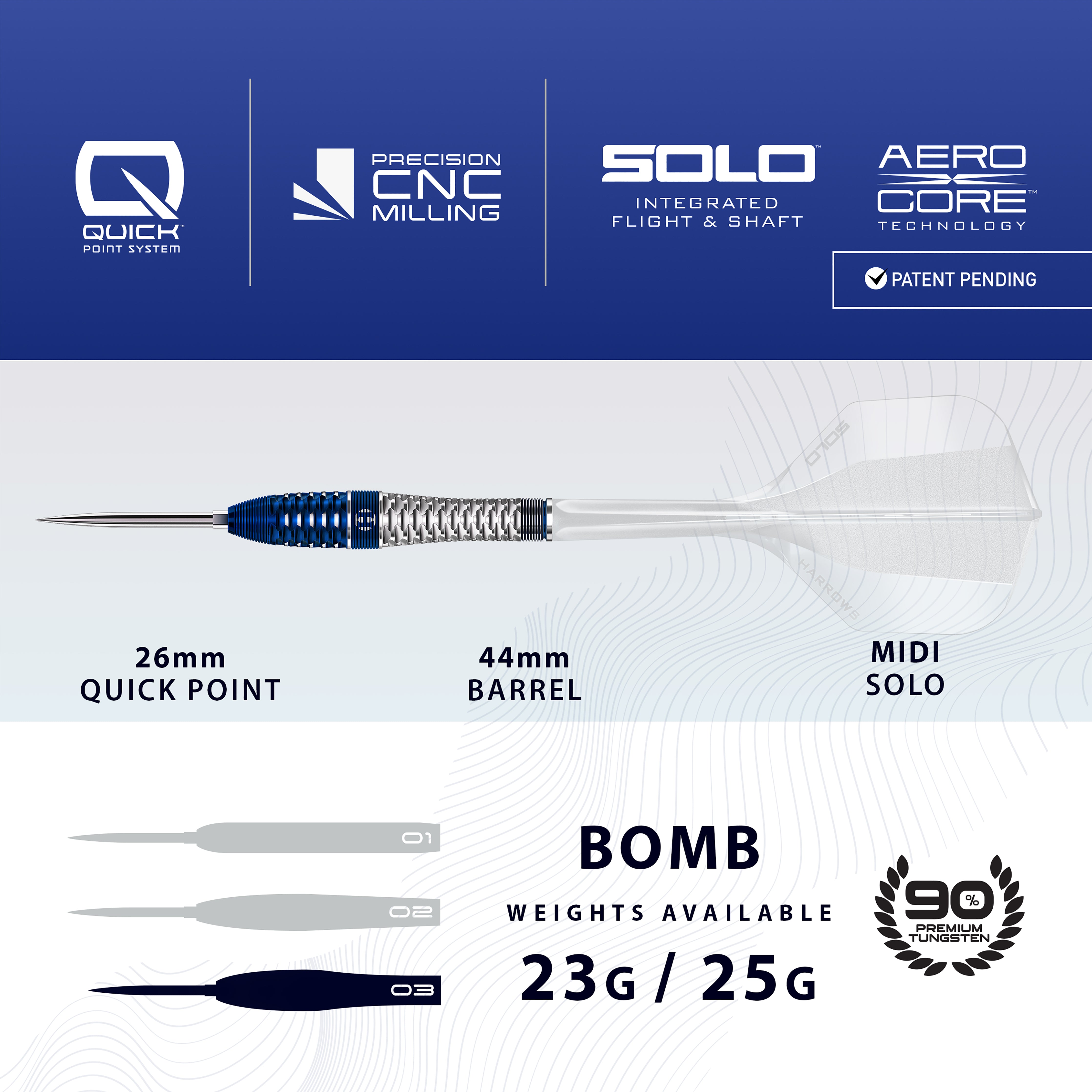 Harrows Geo 03 Bomb - 90% Tungsten - Quick Point Darts - 23g 25g
