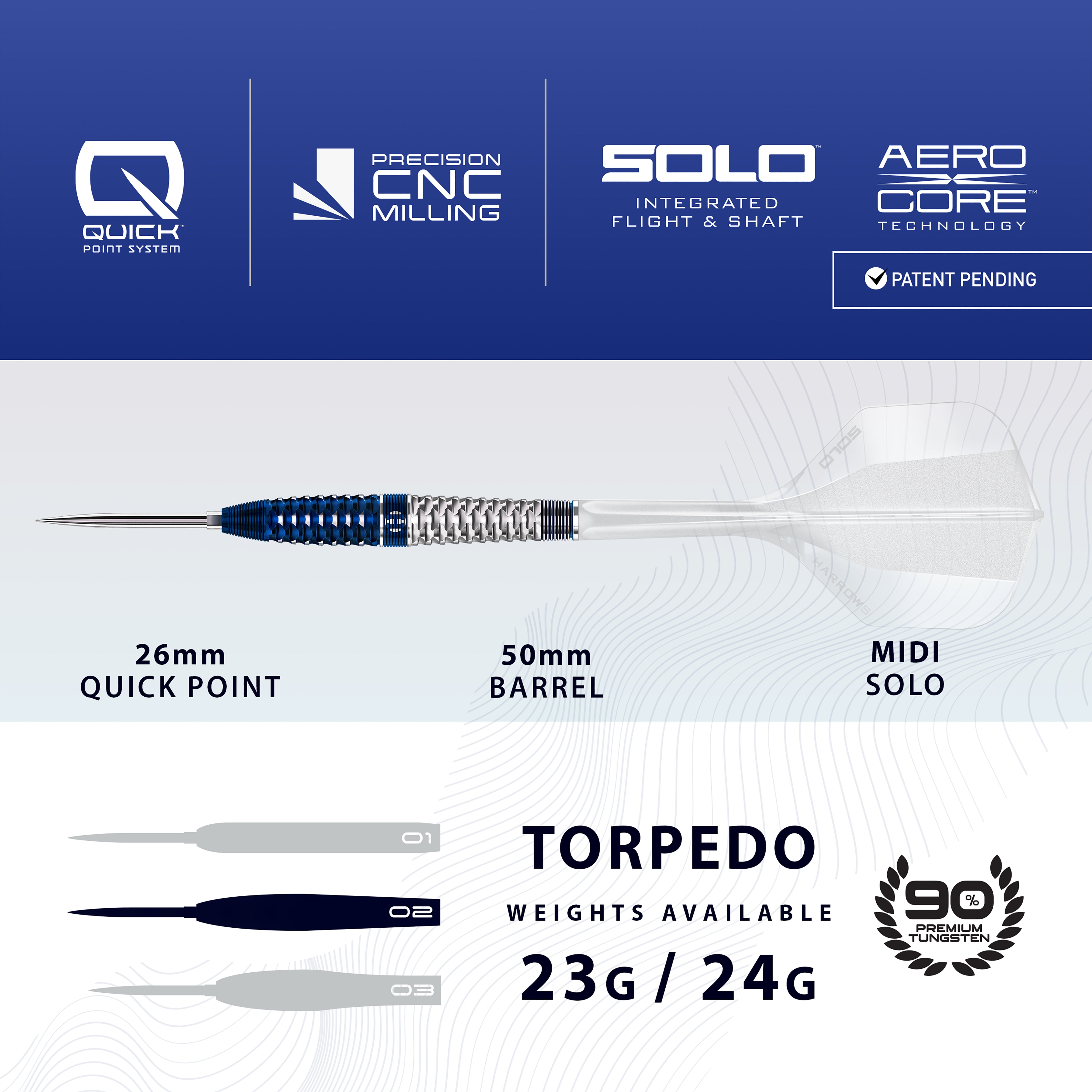 Harrows Geo 02 Torpedo - 90% Tungsten - Quick Point Darts - 23g 24g