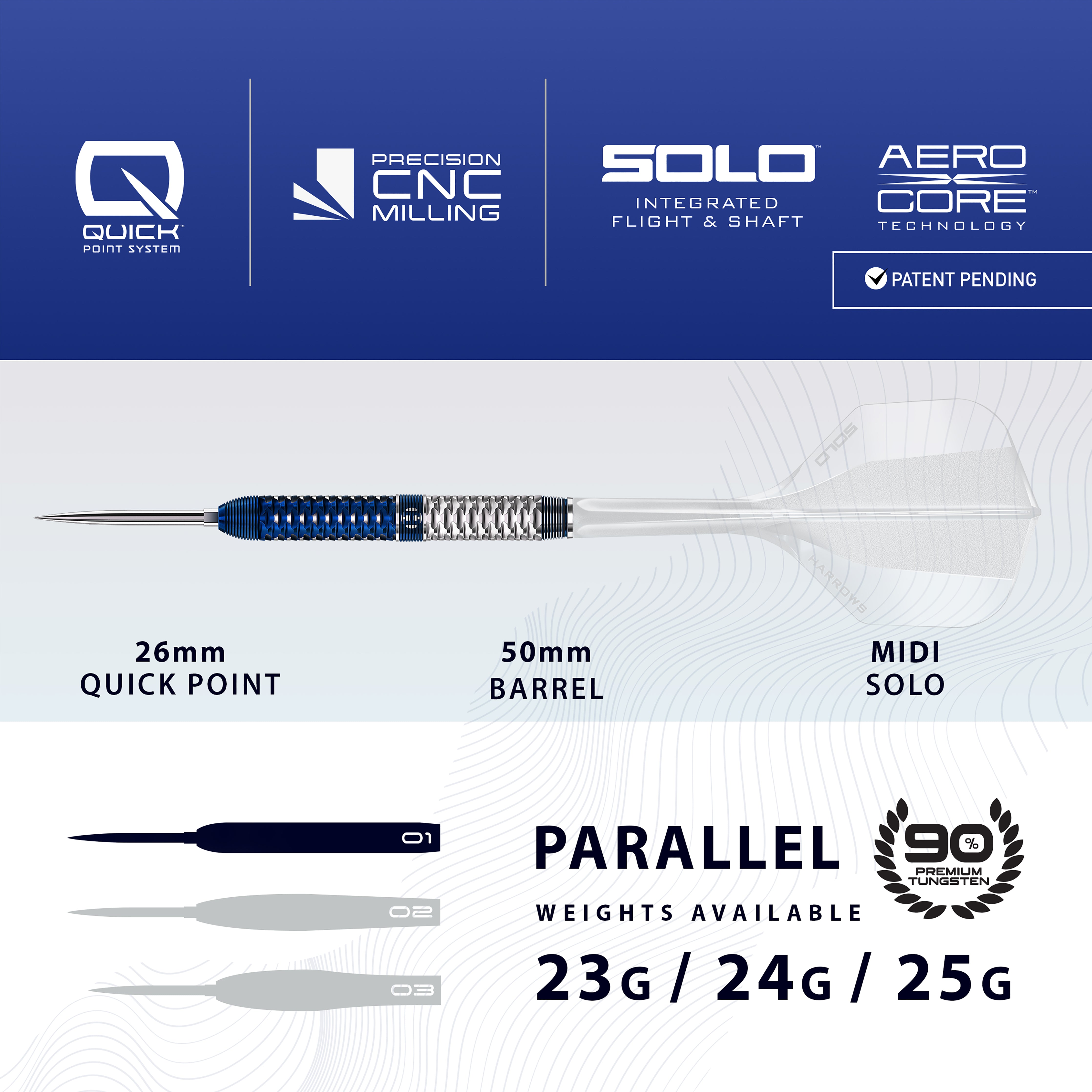 Harrows Geo 01 Parrallel - 90% Tungsten - Quick Point Darts - 23g 24g 25g