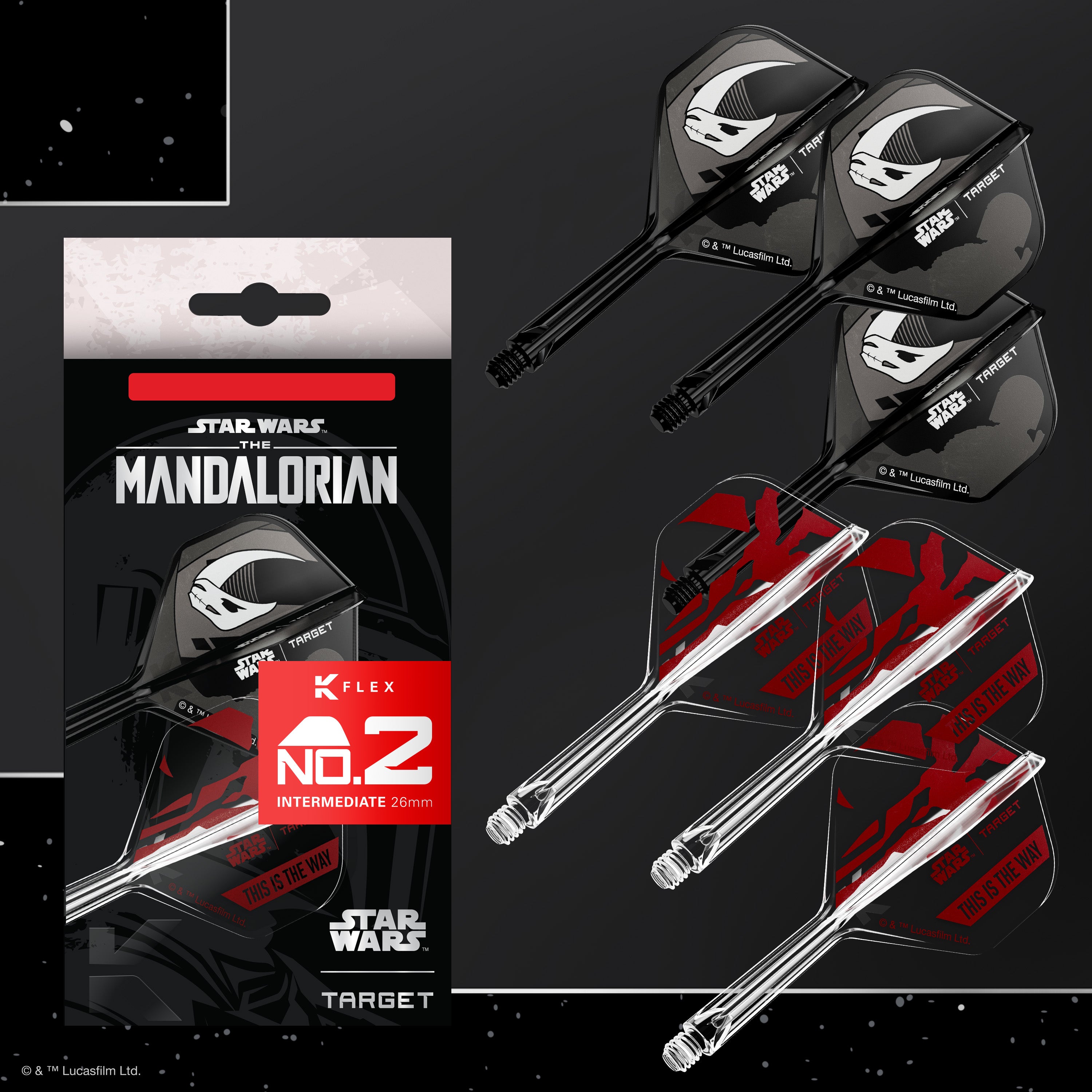 Target Darts Star Wars - Mandalorian K-Flex Dart Flights & Shafts - No2 Shape - Gift Set - 2 Sets Included